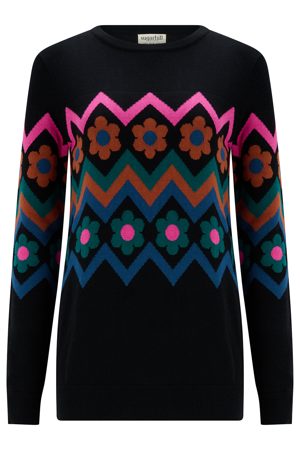 Black sweater with colorful geometric pattern on a white background