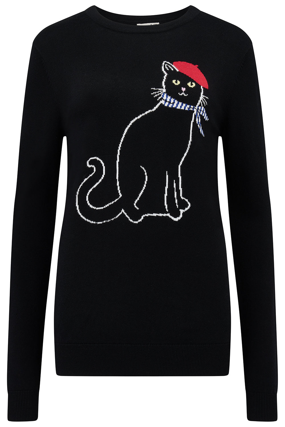 Black sweater with a white cat design wearing a red hat on a white background