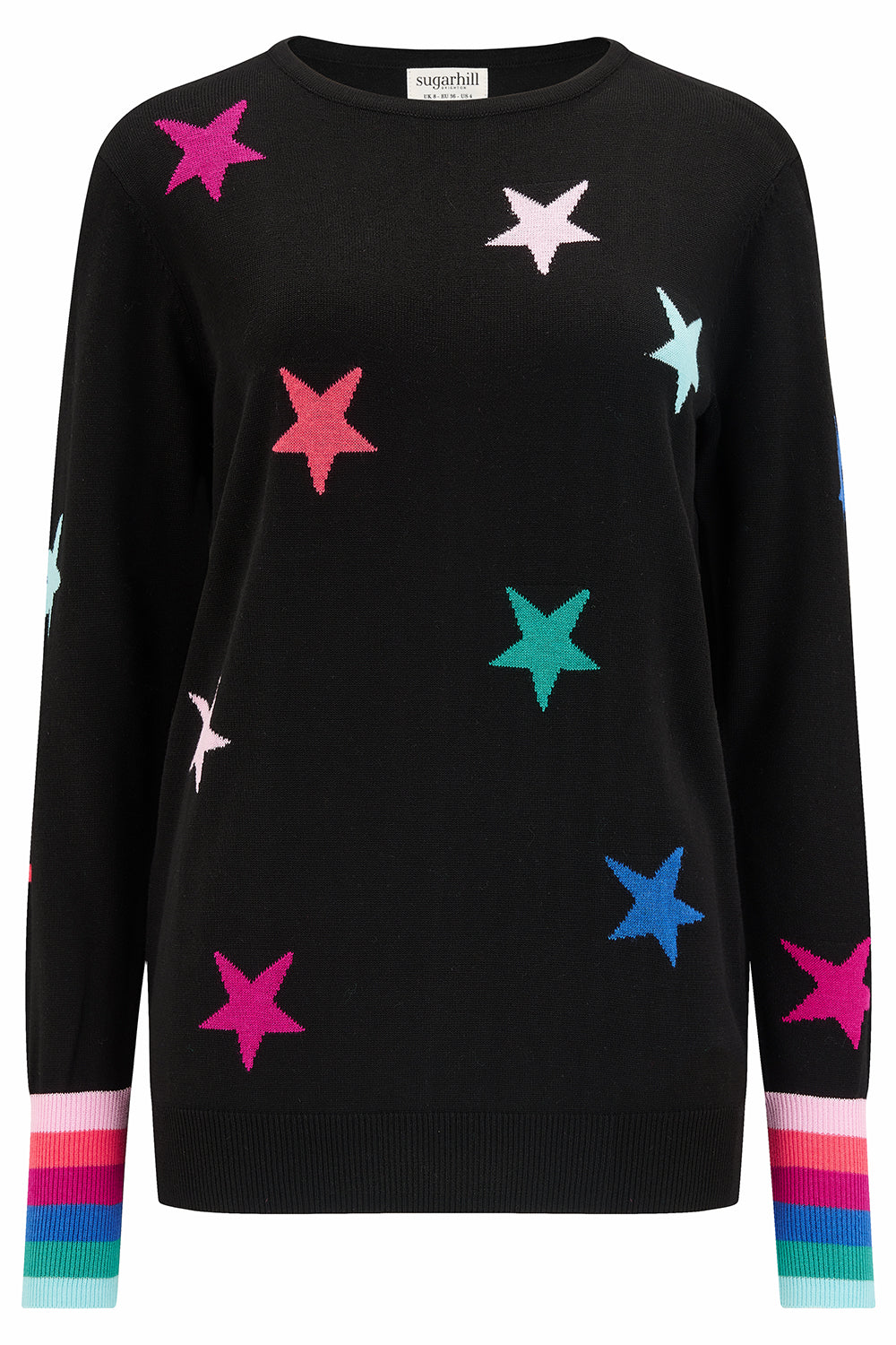 Black jumpoer with stars on and rainbow cuffs 