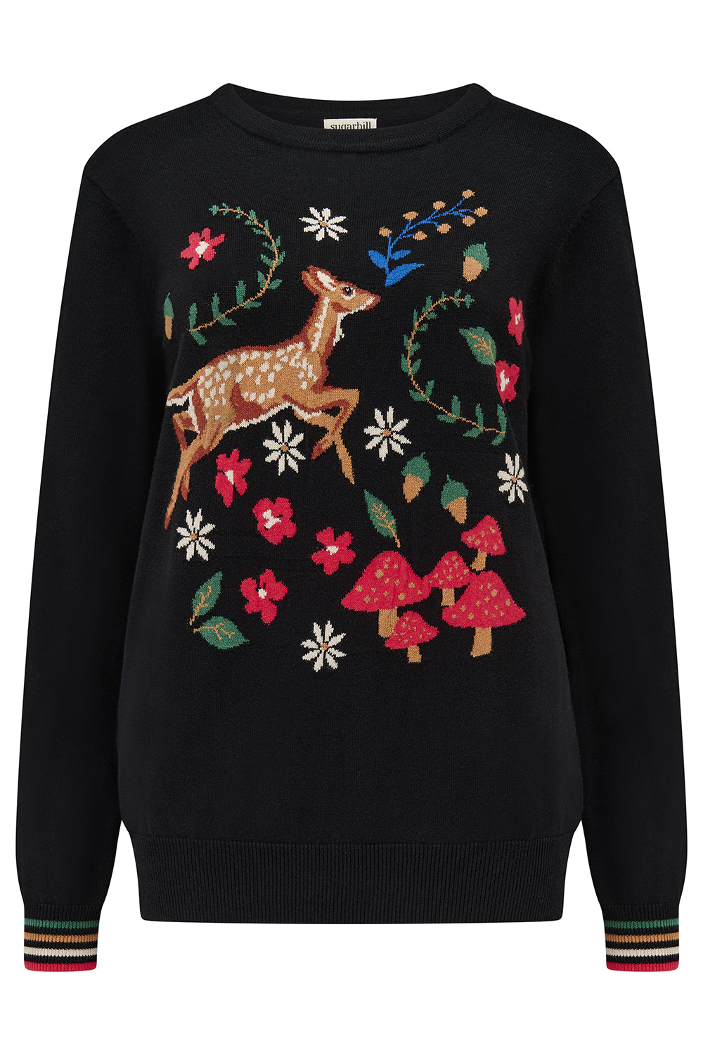Black sweater with deer and floral design on a white background