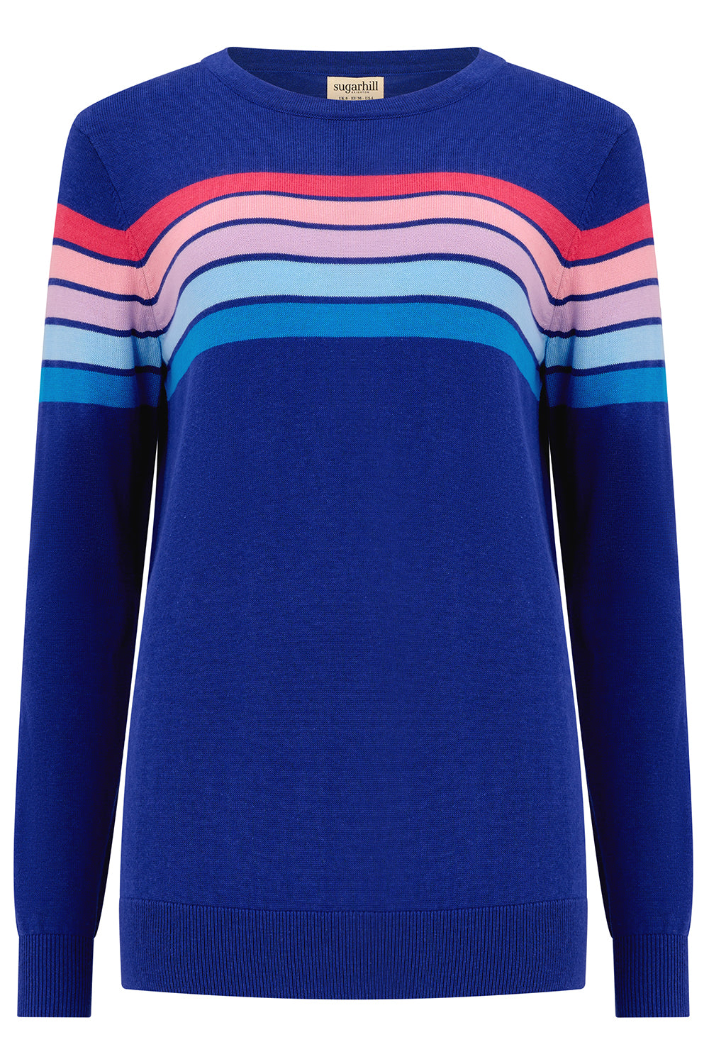 Blue sweater with colorful horizontal stripes on a white background