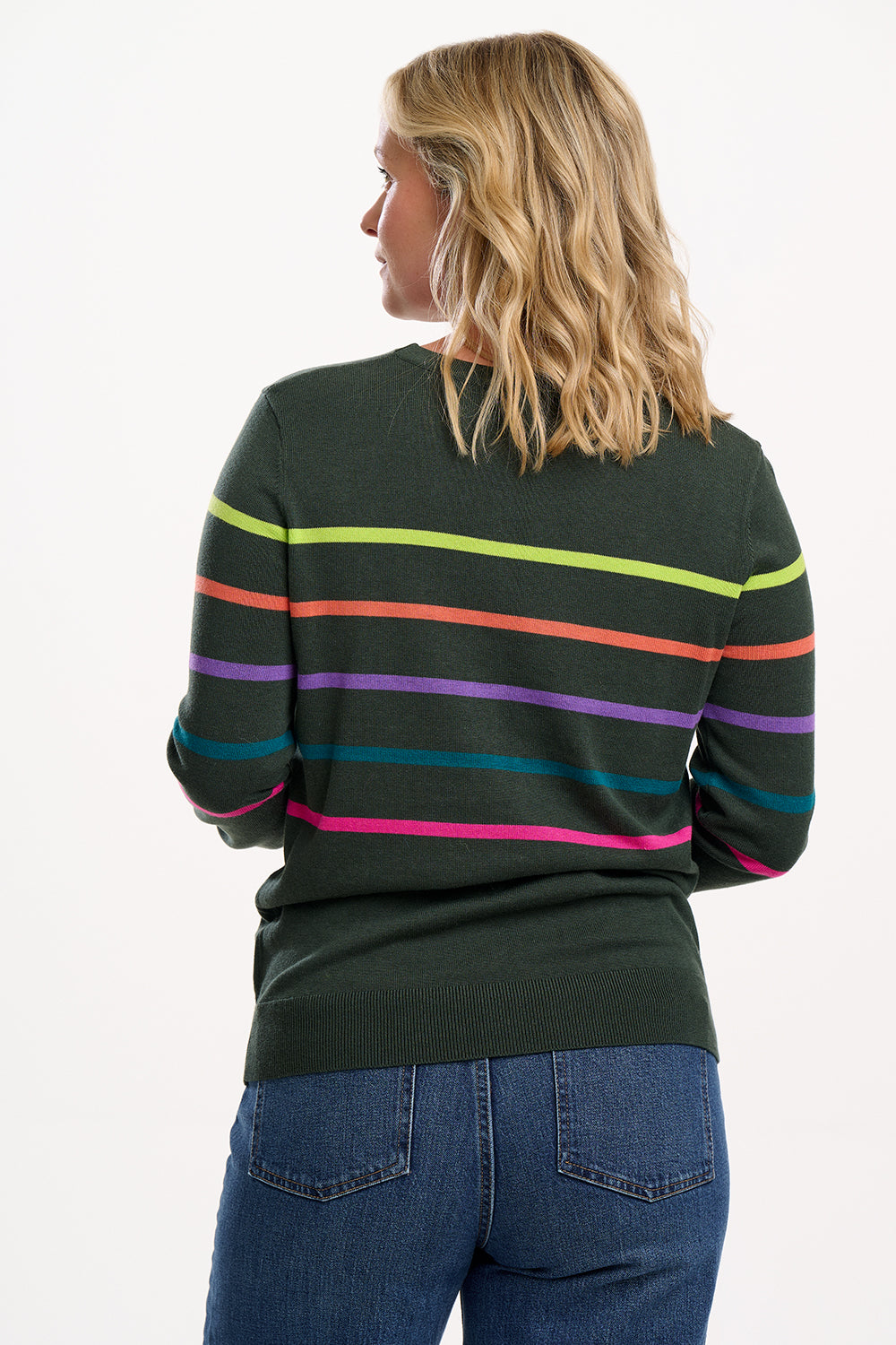 Person wearing a dark green sweater with colorful horizontal stripes on a white background