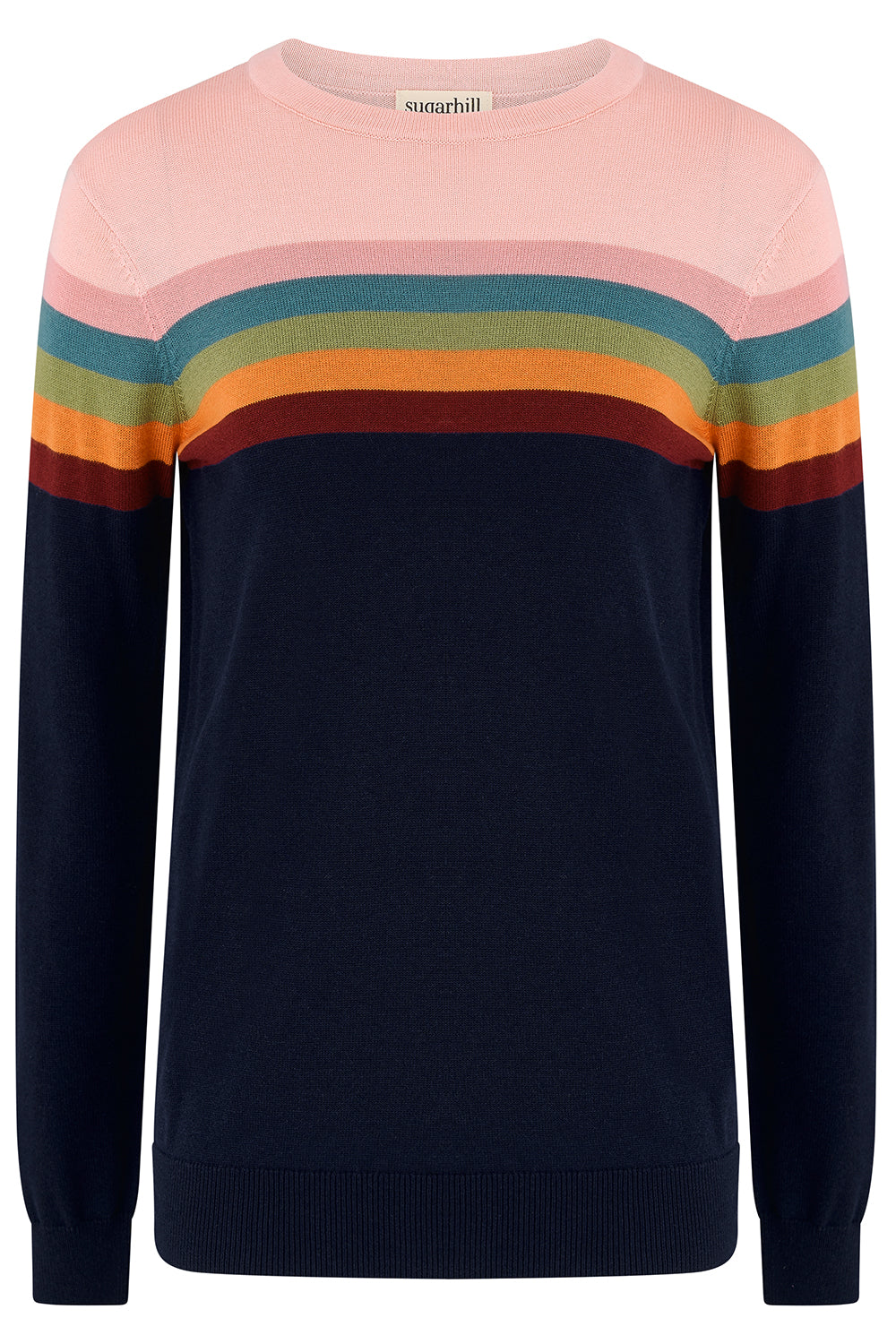 A long-sleeve crewneck sweater by van Hoolen, featuring a light pink upper section, a multicolor horizontal stripe band across the chest, and a dark navy blue lower body.