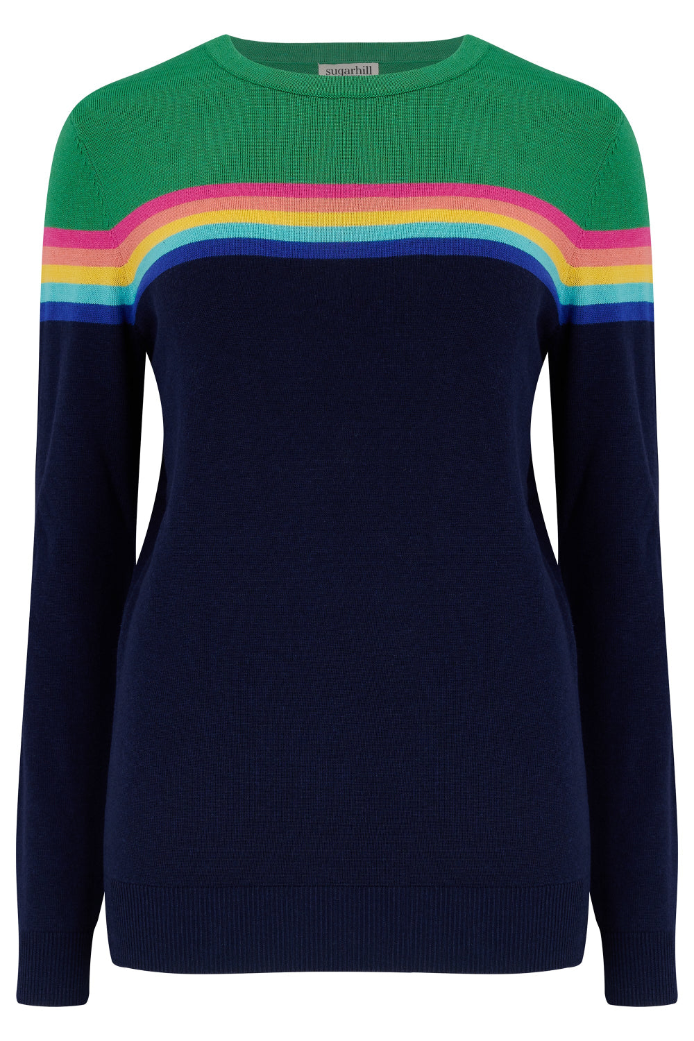 A rainbow split design across the chest, paired with blue jeans.