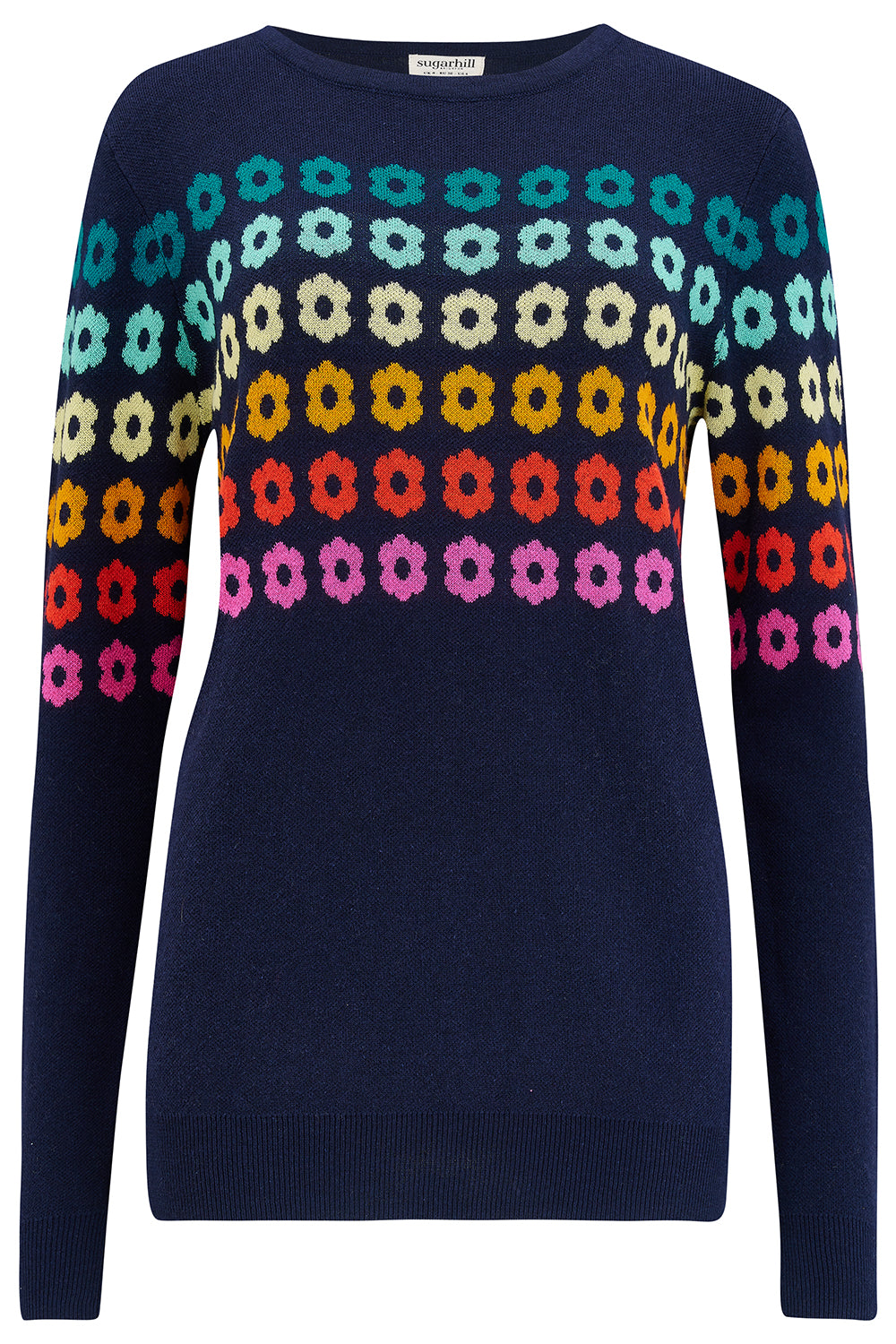 Sugarhill Brighton navy blue jumper with a colourful geometric flower pattern.