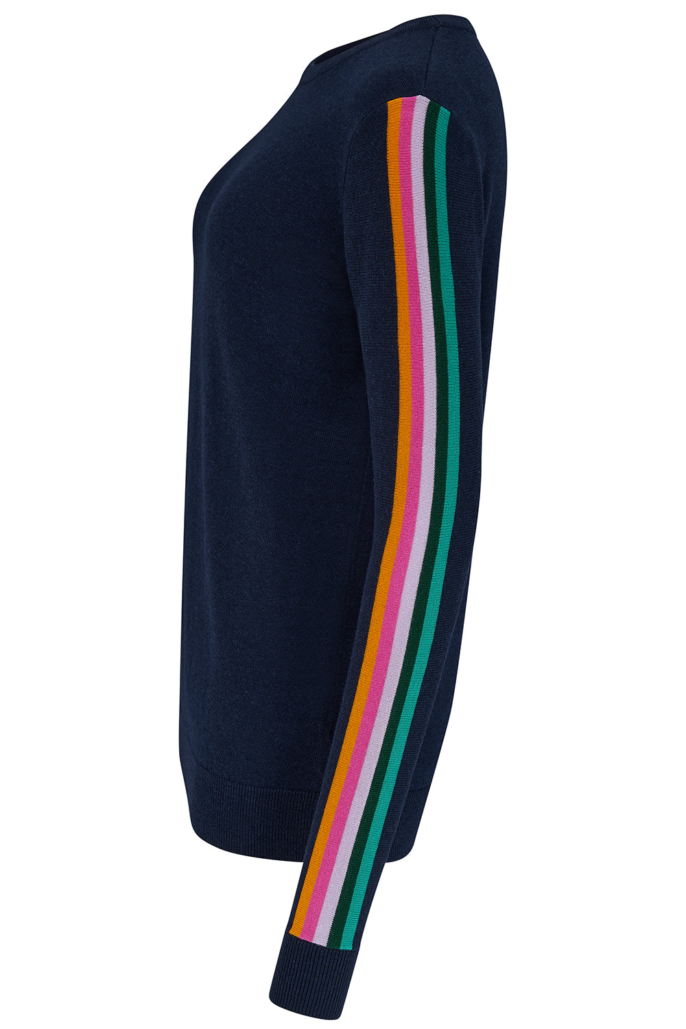 Navy blue sweater with colorful striped sleeves on a white background