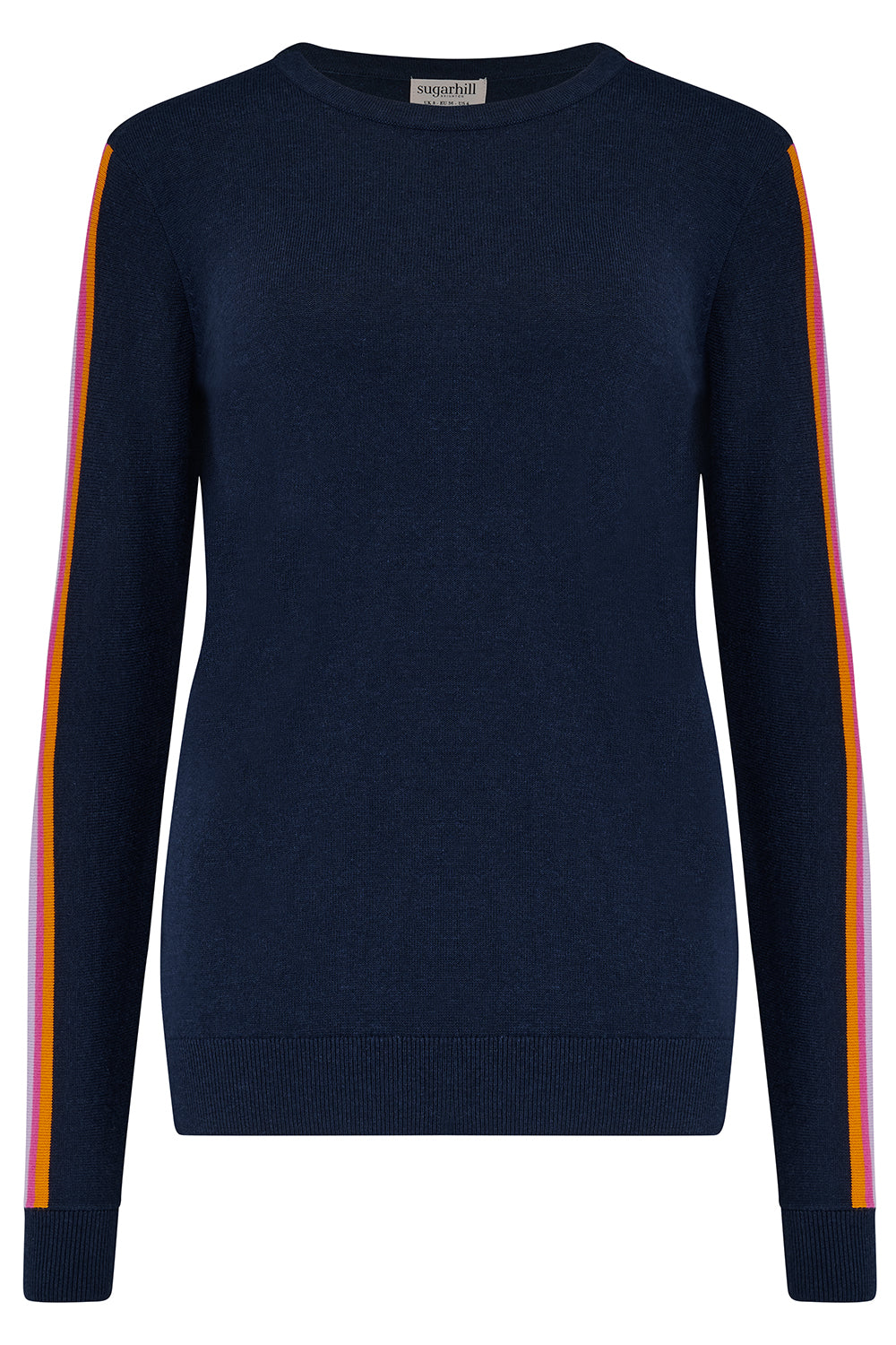 Navy sweater with colorful stripes on sleeves against a white background