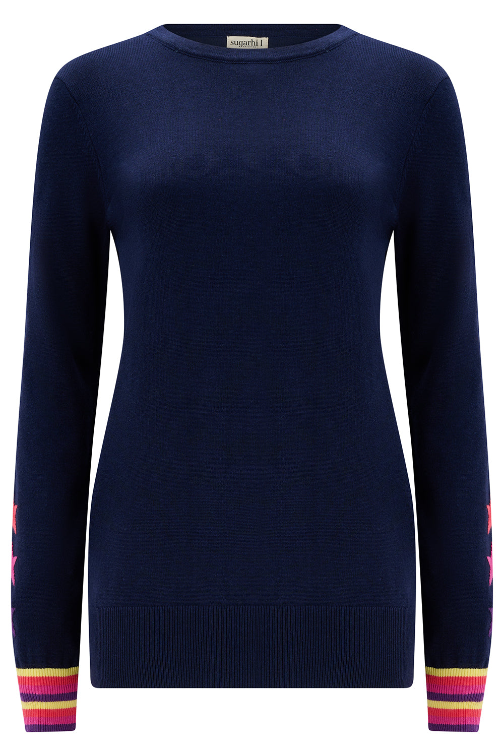 Navy blue sweater with colorful cuffs on a white background