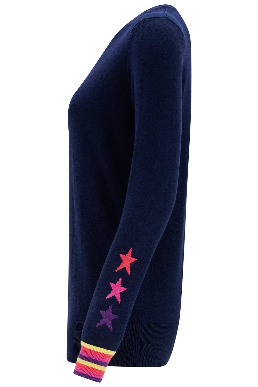 Navy blue sweater with colorful star patterns on sleeves against a white background