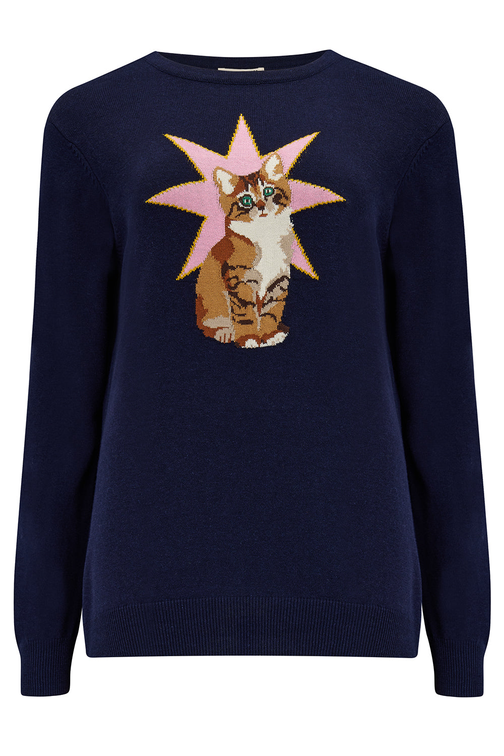 A navy sweater with a graphic design.