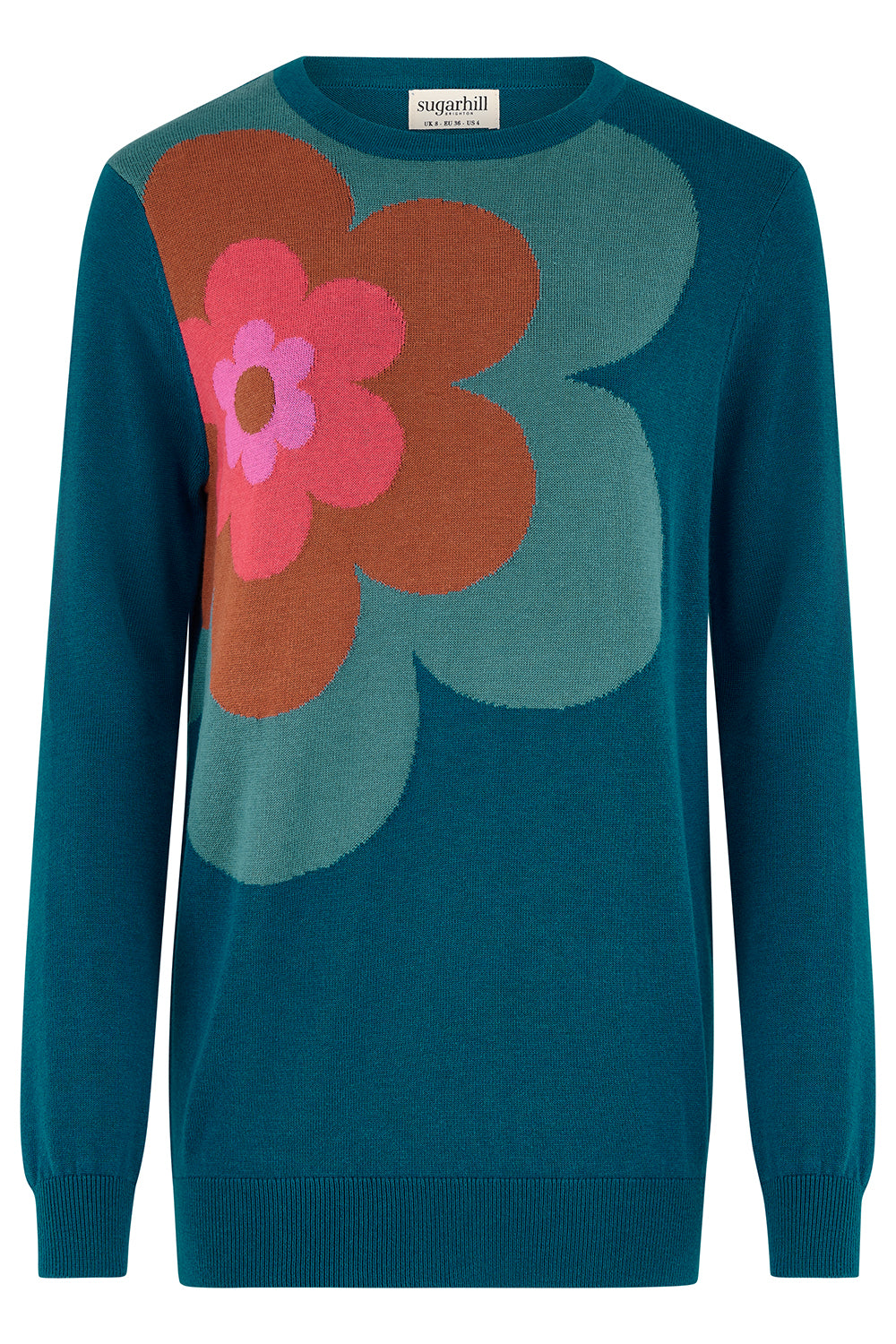 A teal blue crewneck sweater featuring a large, stylized floral pattern in rust orange, light teal, and pink on the front, with a visible 'sugarhill' brand label at the inner collar.