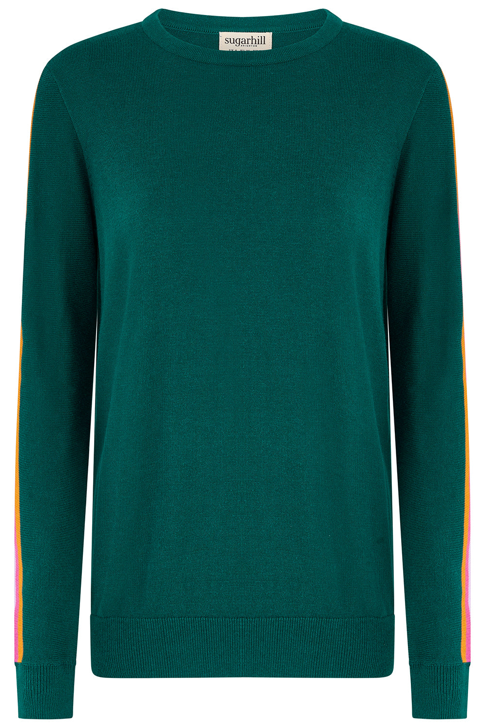 A dark teal green crewneck sweater with colorful vertical stripes in orange, yellow, and pink down the sleeves, shown on a plain white background.