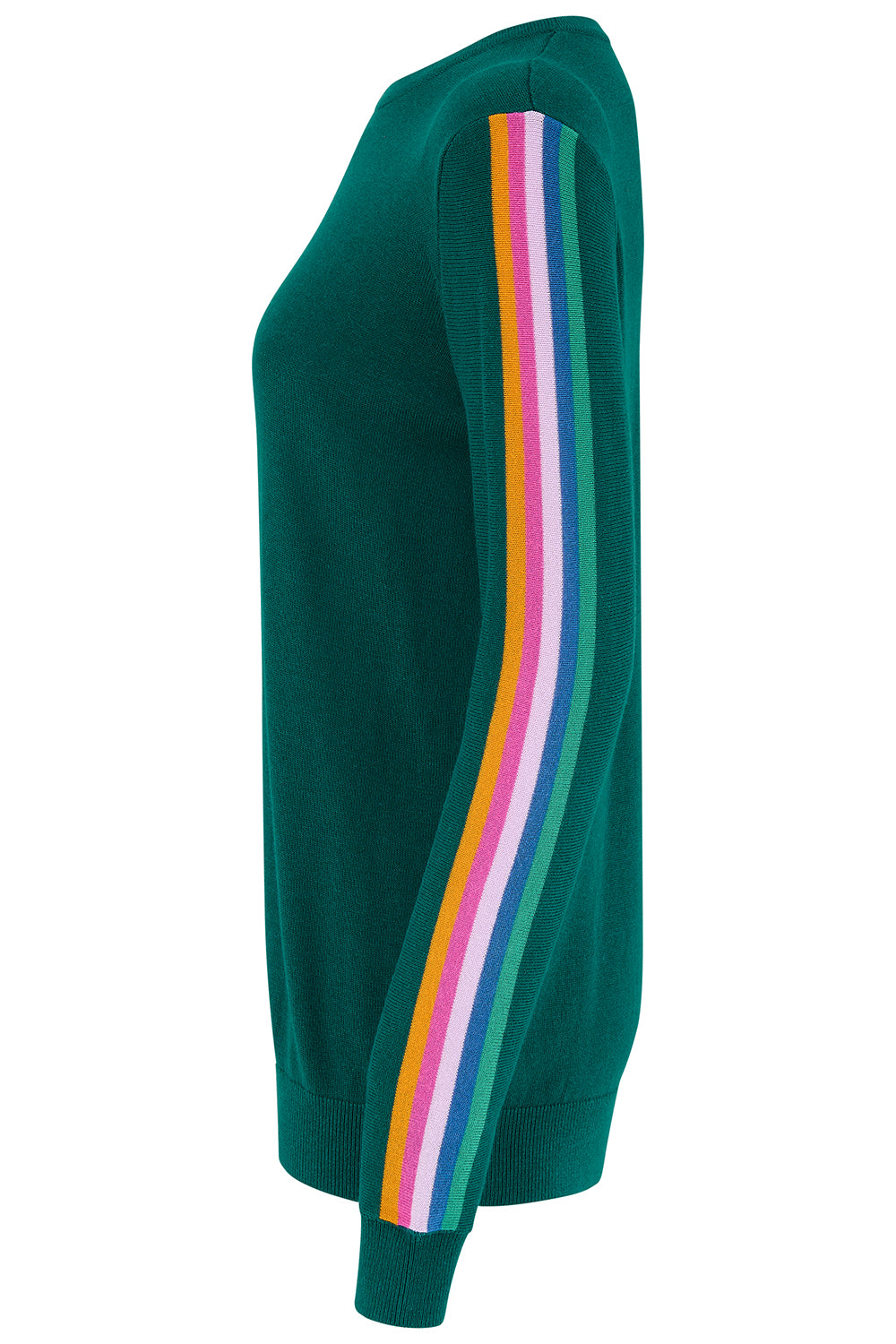 A dark green knit sweater shown from the side, featuring a vibrant vertical rainbow stripe running down the sleeve.