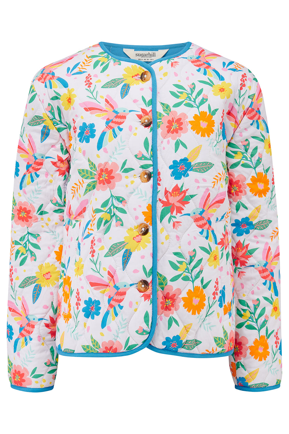 An off-white quilted jacket with a Tropical Hummingbird print, featuring front pockets and a round neckline.