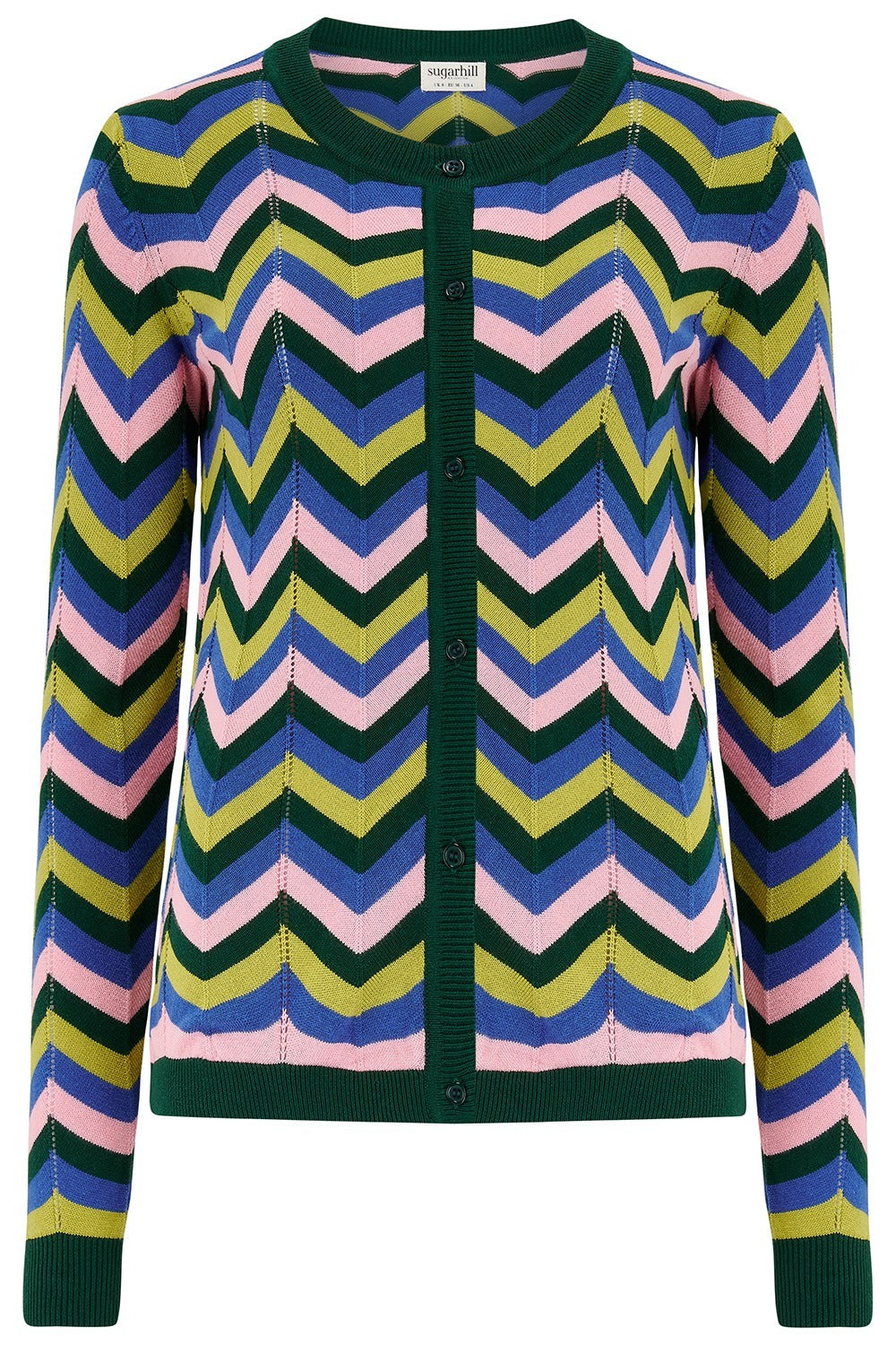 Colorful zigzag patterned cardigan on a white background