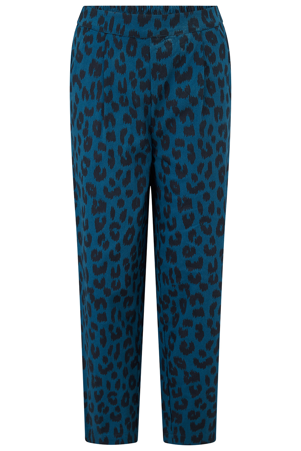 Ttrousers with a petrol navy color and a leopard print design.