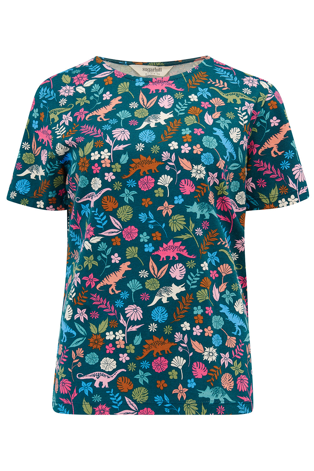 A teal t-shirt with a floral and dinosaur pattern