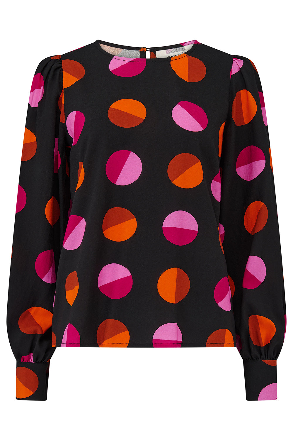 Black blouse with colorful geometric pattern on a white background