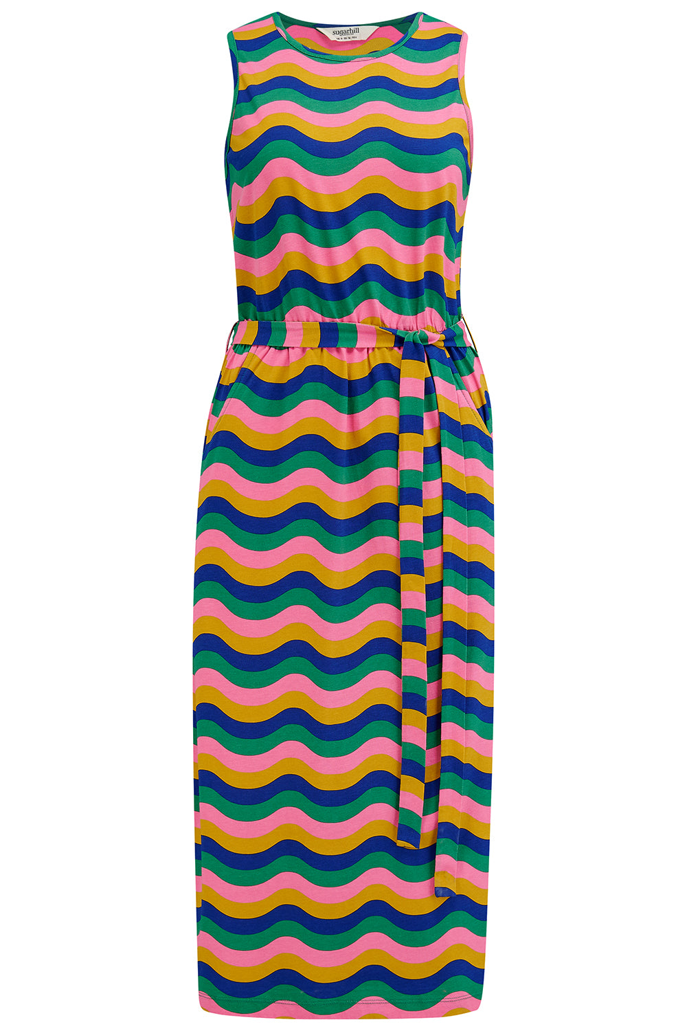 A sleeveless, midi length jersey dress with a geometric pattern in rainbow colors, featuring a racer back and a matching tie belt.