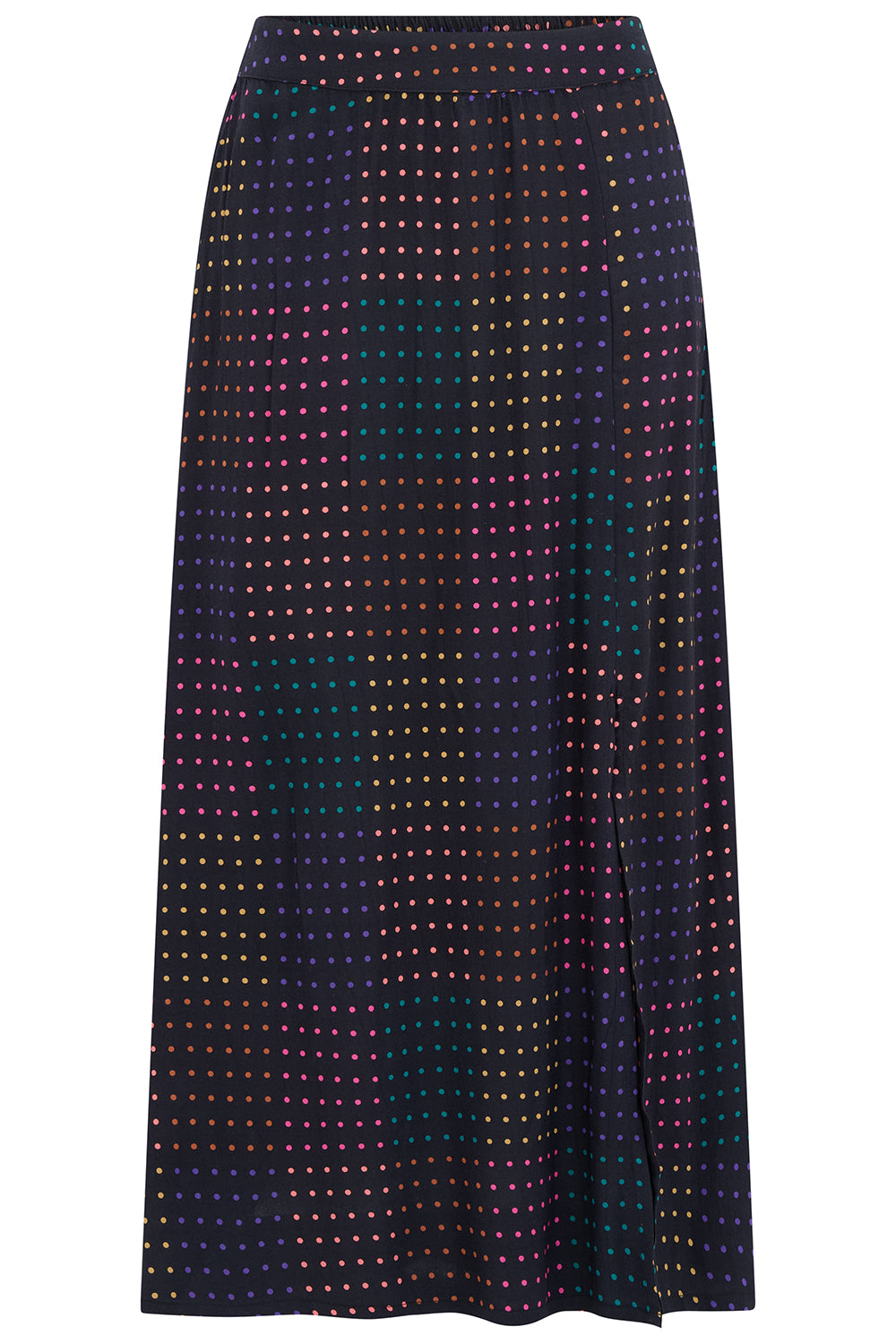 Long, dark-colored skirt with multicolored dot pattern on a white background