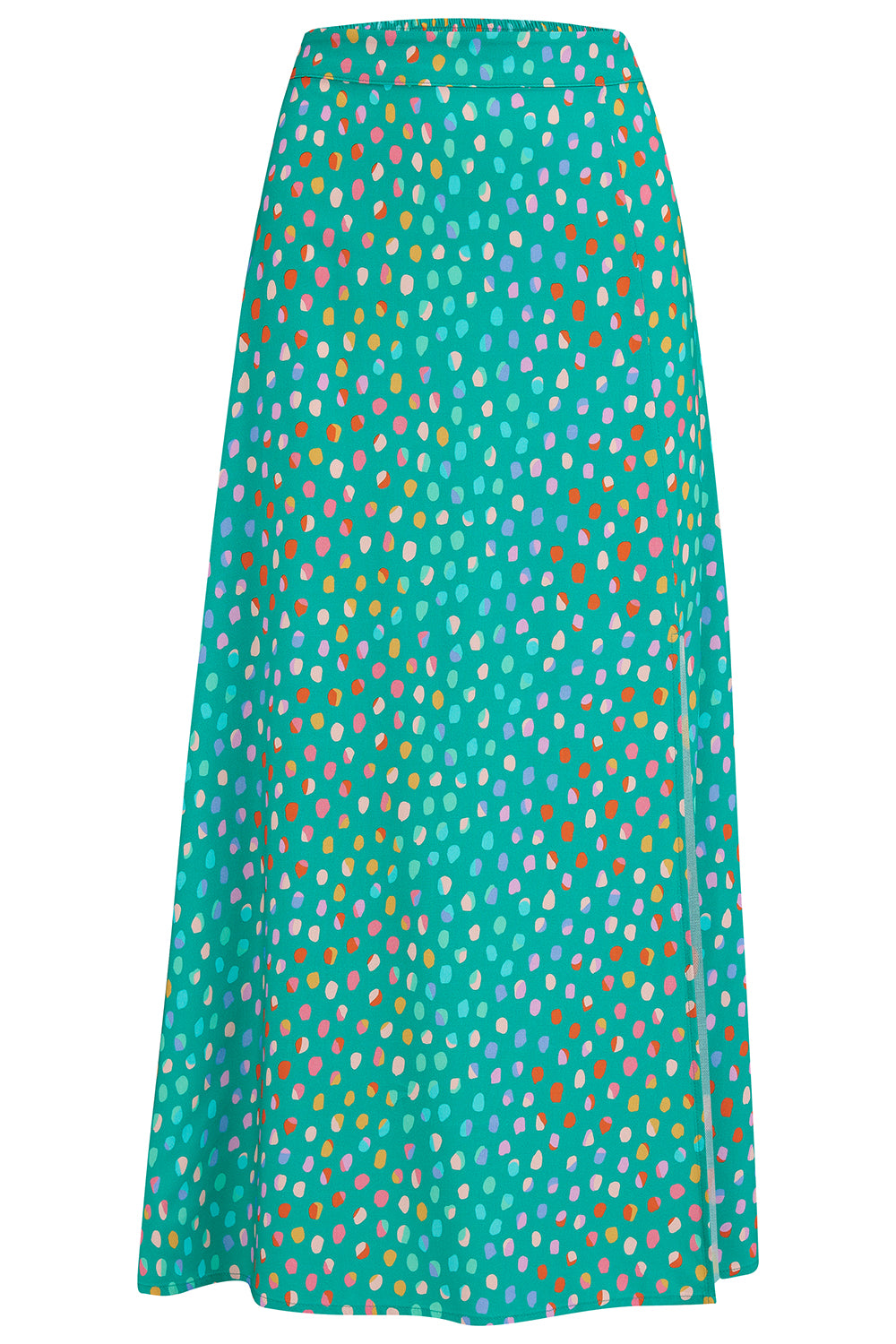 Rosalind Skirt in green with a rainbow pebbles print.