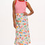 Midi-length off-white skirt with a colorful floral and hummingbird print, featuring a high waist and elasticated back.