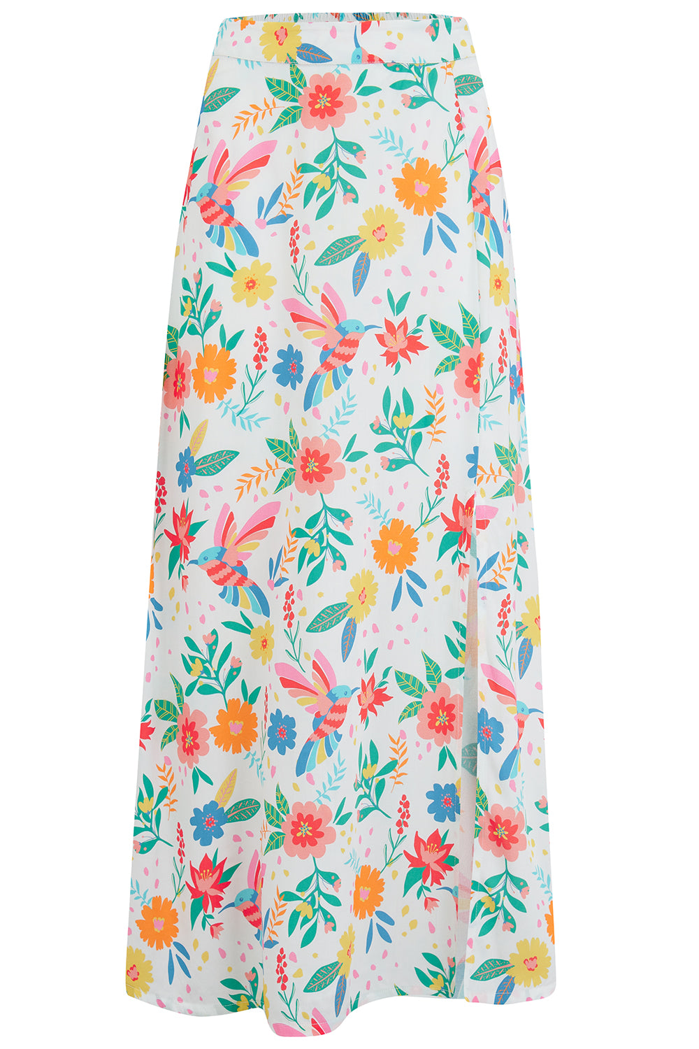 Midi-length off-white skirt with a colorful floral and hummingbird print, featuring a high waist and elasticated back.