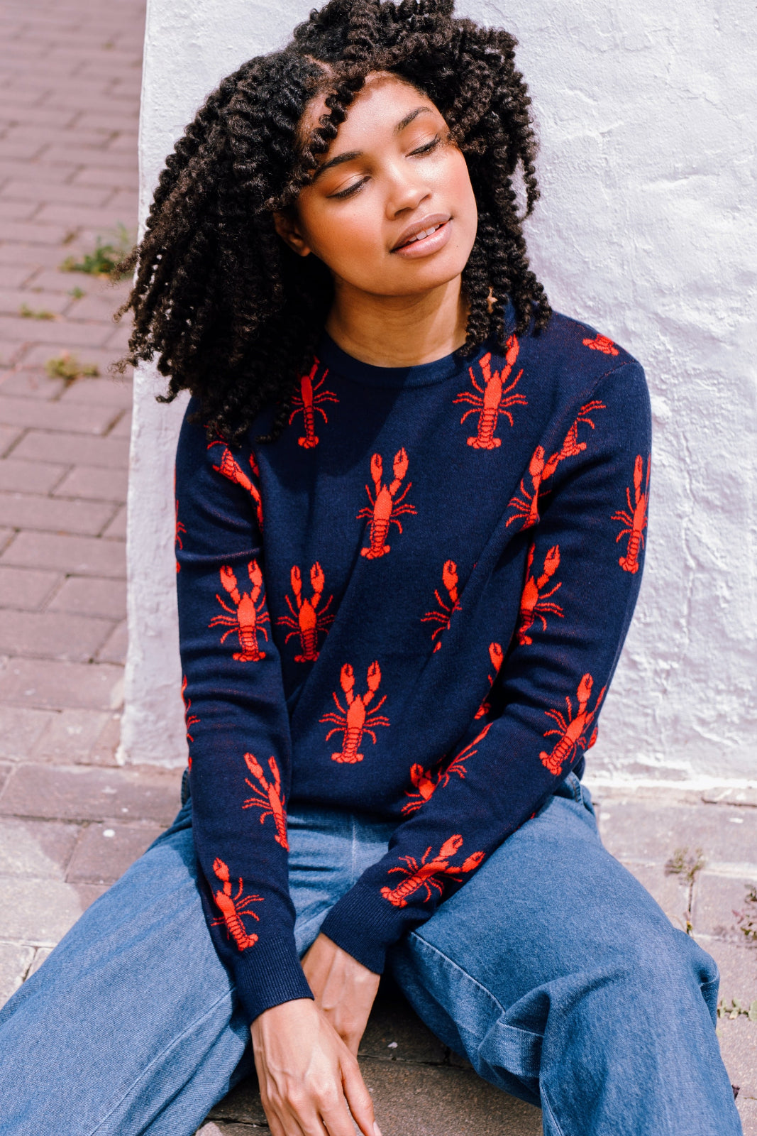 A person sitting on the ground wearing a navy crew neck jumper with a bold lobster repeat pattern in red.