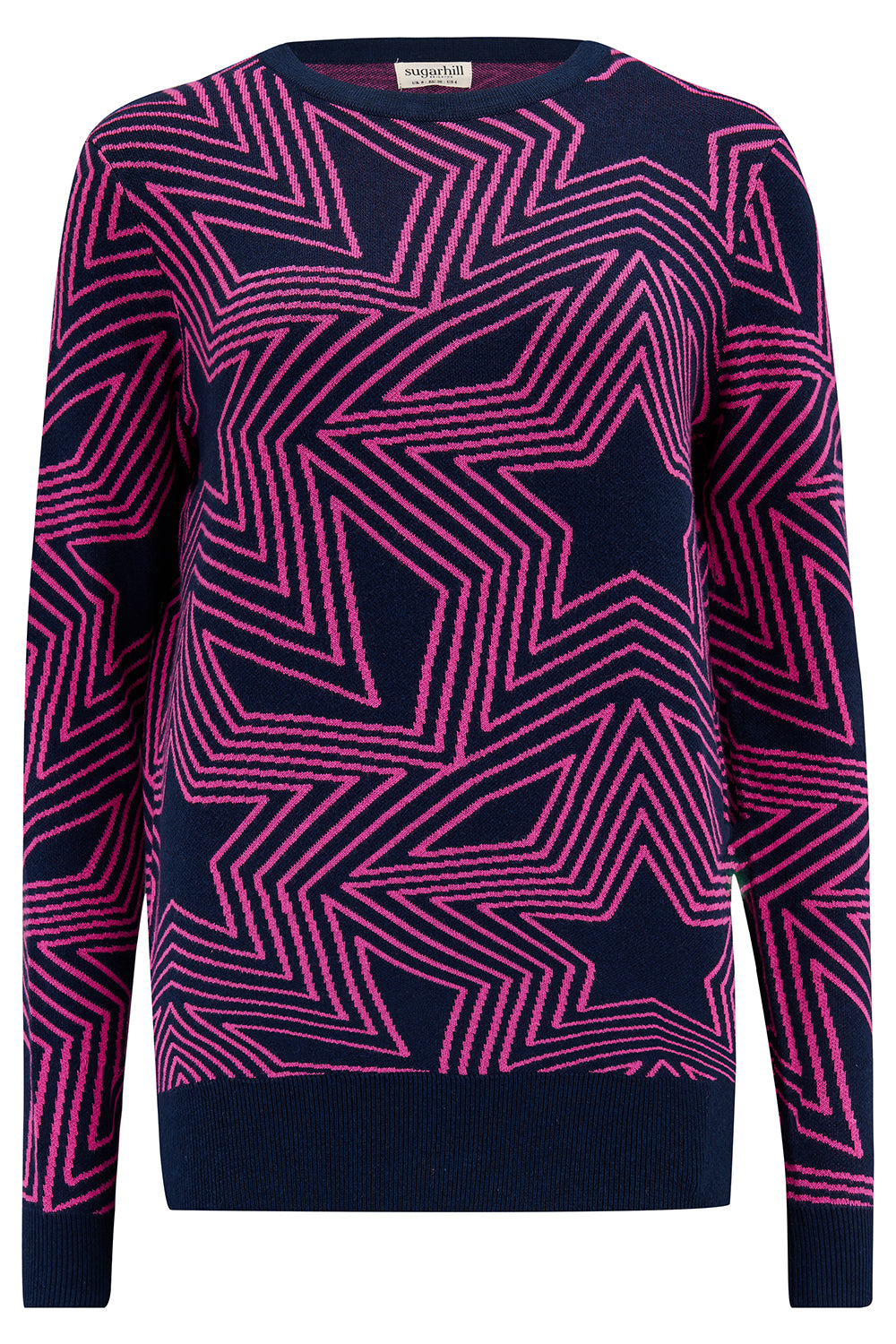 geometric pink print on blue jumper 