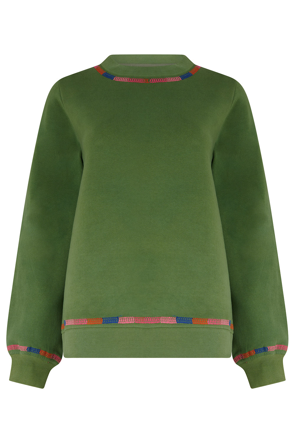 Green sweatshirt with colorful trim on a white background