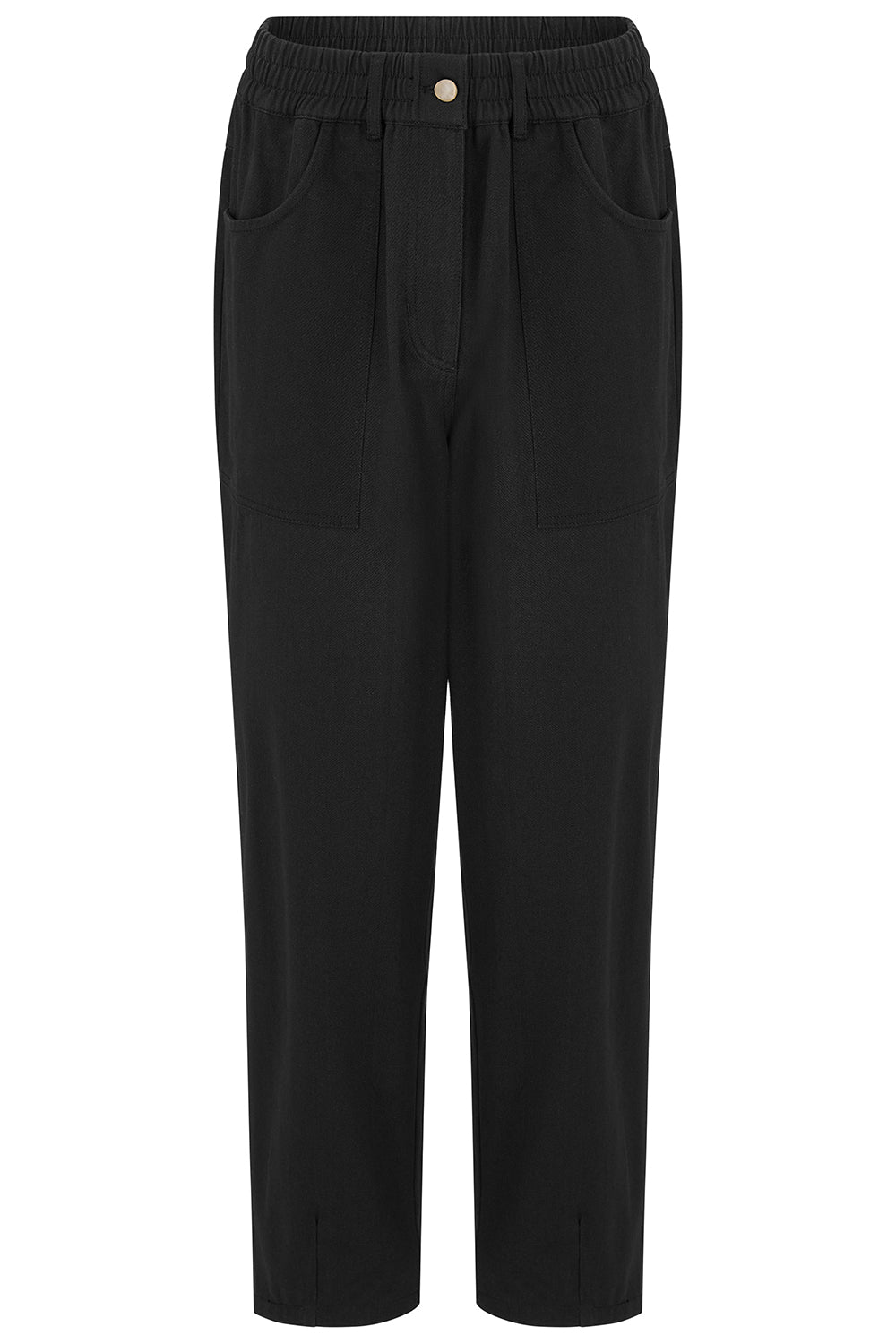 Black wide-leg cropped pants with an elastic waistband, front patch pockets, and a single button closure, shown against a plain white background.