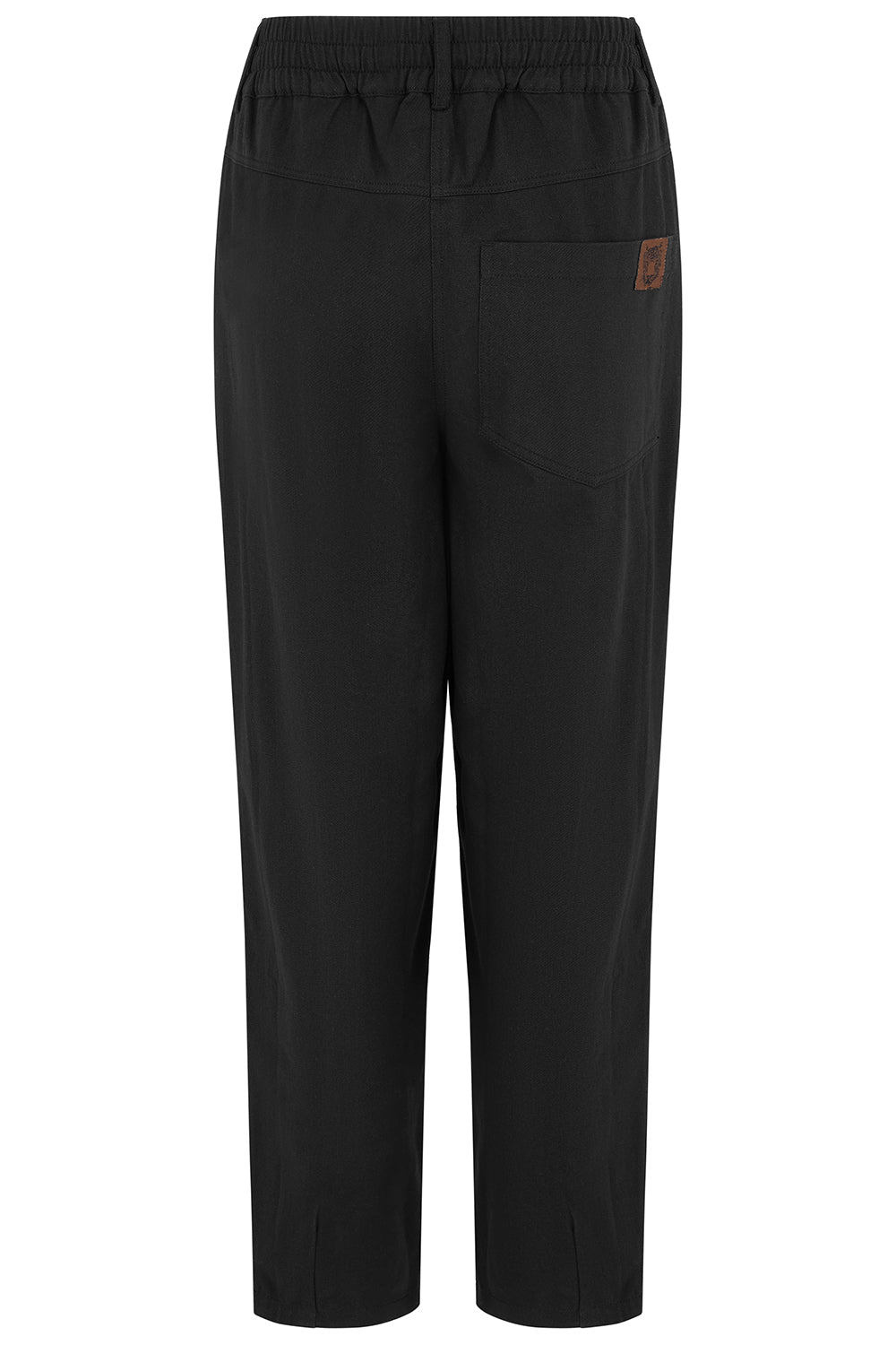 Black cropped pants with an elastic waistband, a side pocket, and a small brown brand patch on the back pocket, shown against a plain white background.
