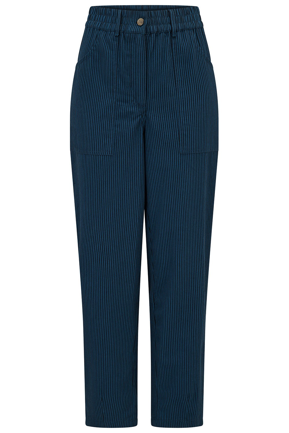 Navy blue corduroy pants on a white background