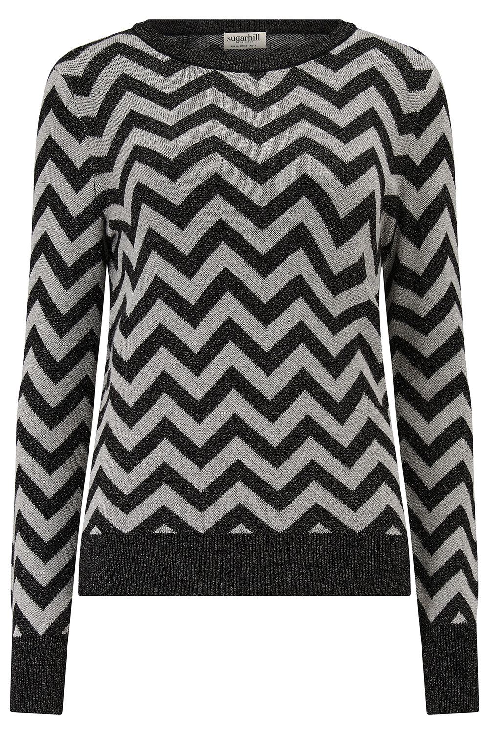 Black and gray chevron patterned sweater on a white background