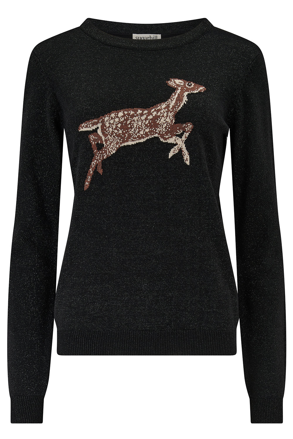 Black sweater with a deer design on a white background