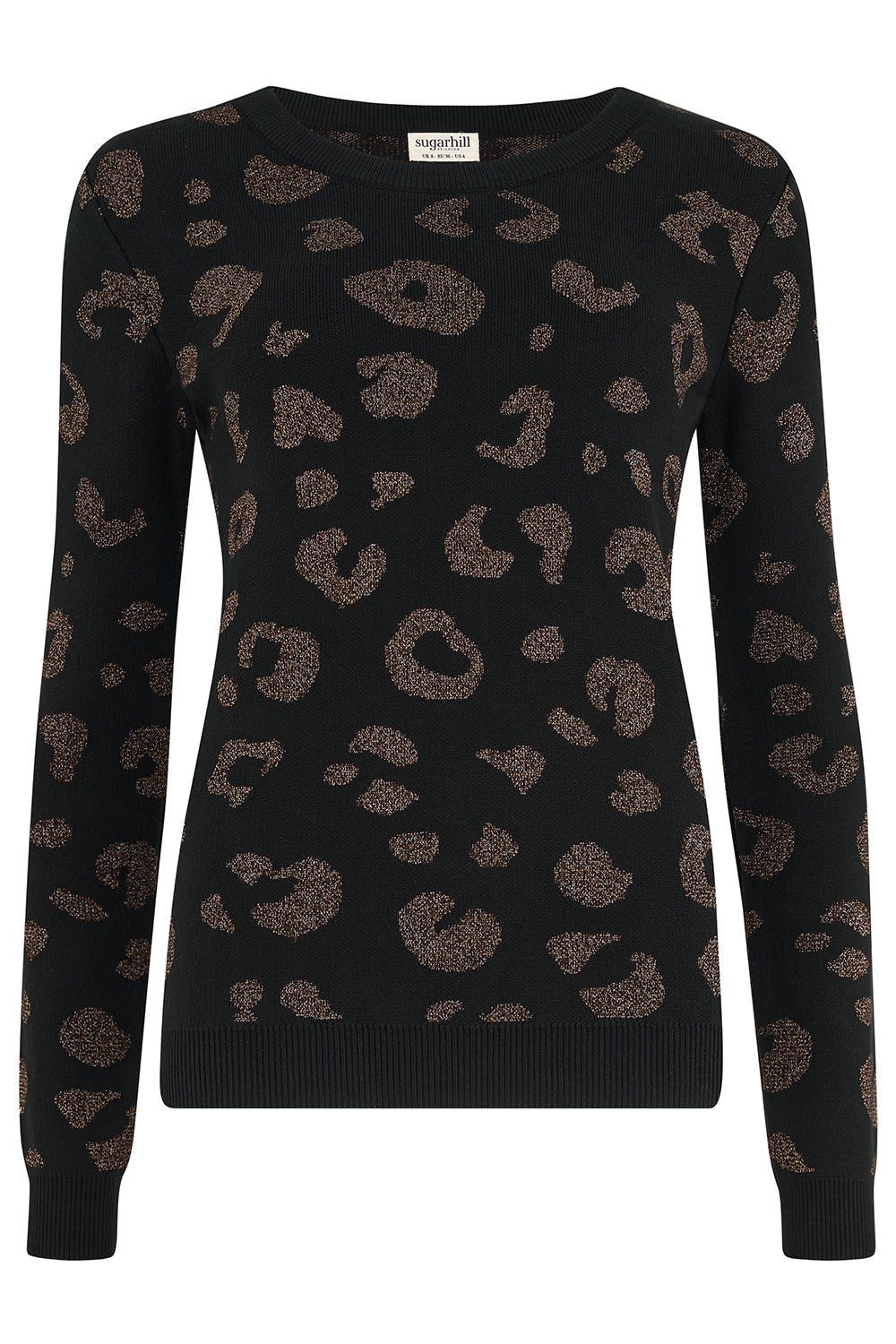 A black long-sleeve crewneck sweater with an all-over leopard print pattern in a textured brown/tan tone, shown on a plain white background.