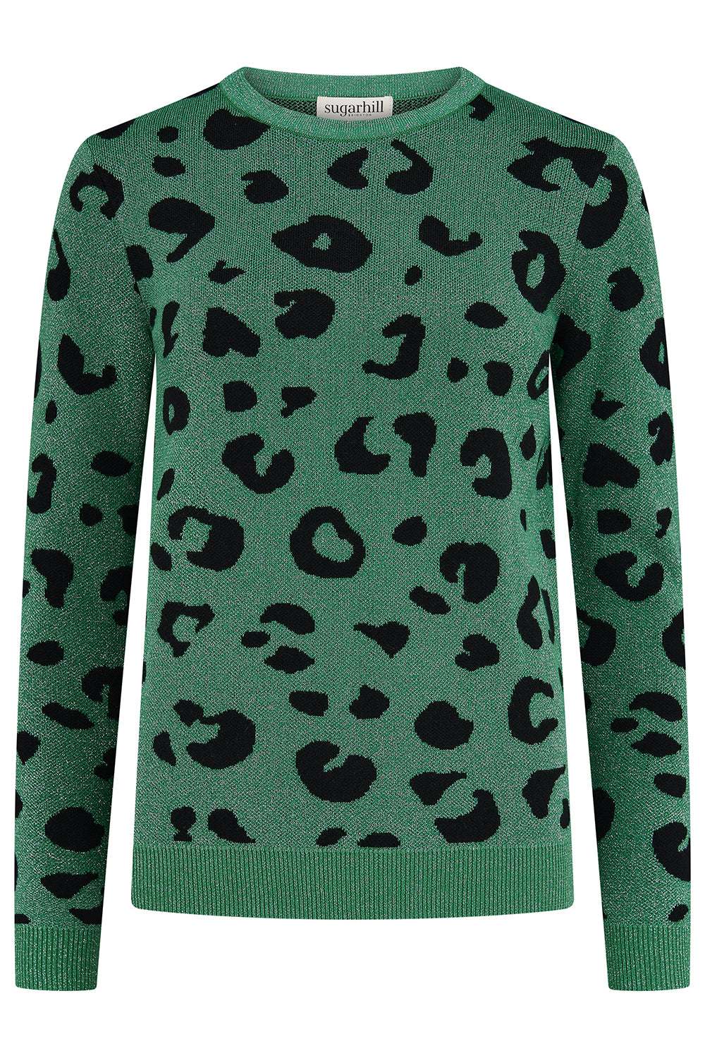 Green sweater with black leopard print pattern on a white background
