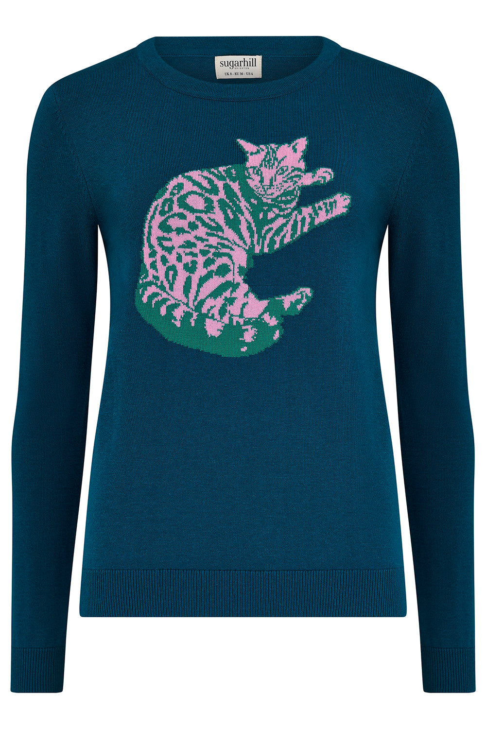 Teal sweater with pink and green cat design on a white background