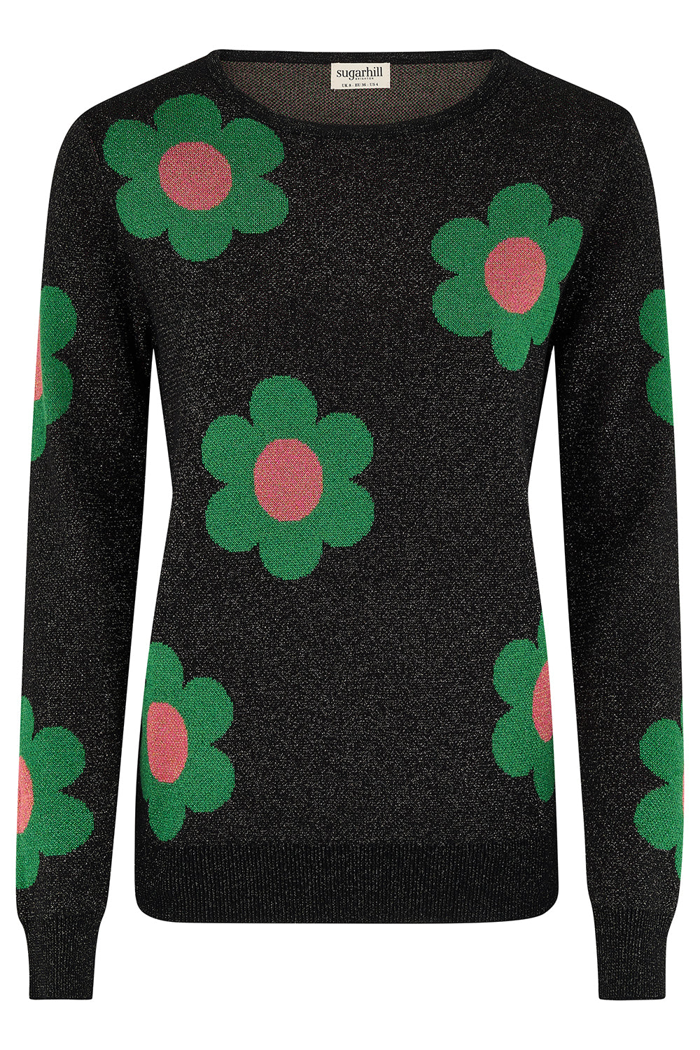 A black knit sweater with a repeating green flower pattern featuring pink centers, shown against a plain white background.