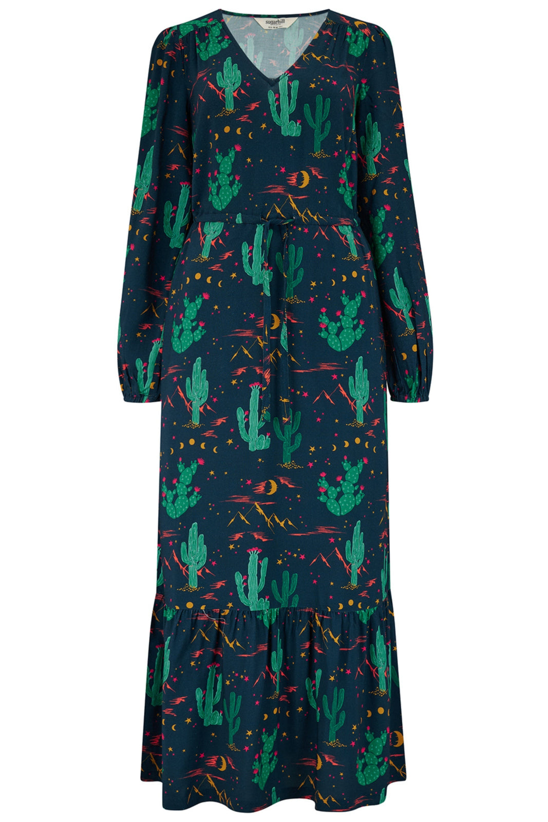 A navy blue maxi dress with a colorful desert pattern, featuring V-neck, long blouson sleeves, a drawstring waistband, and a tiered hem.