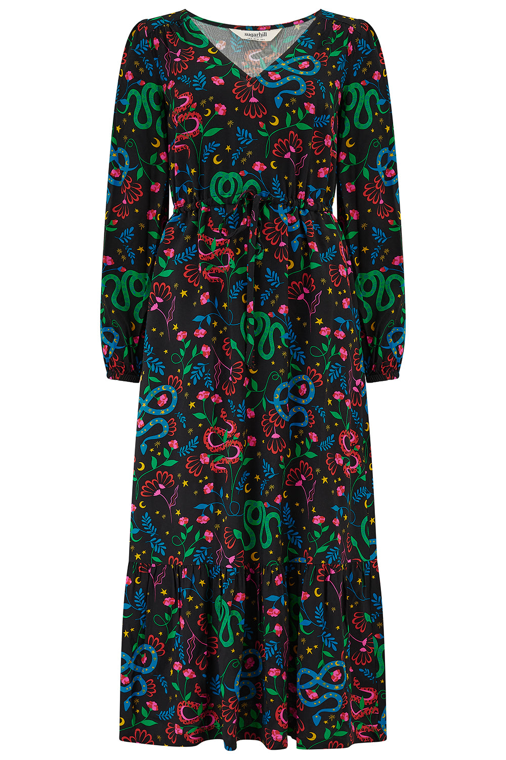 Colorful patterned dress with long sleeves on a white background