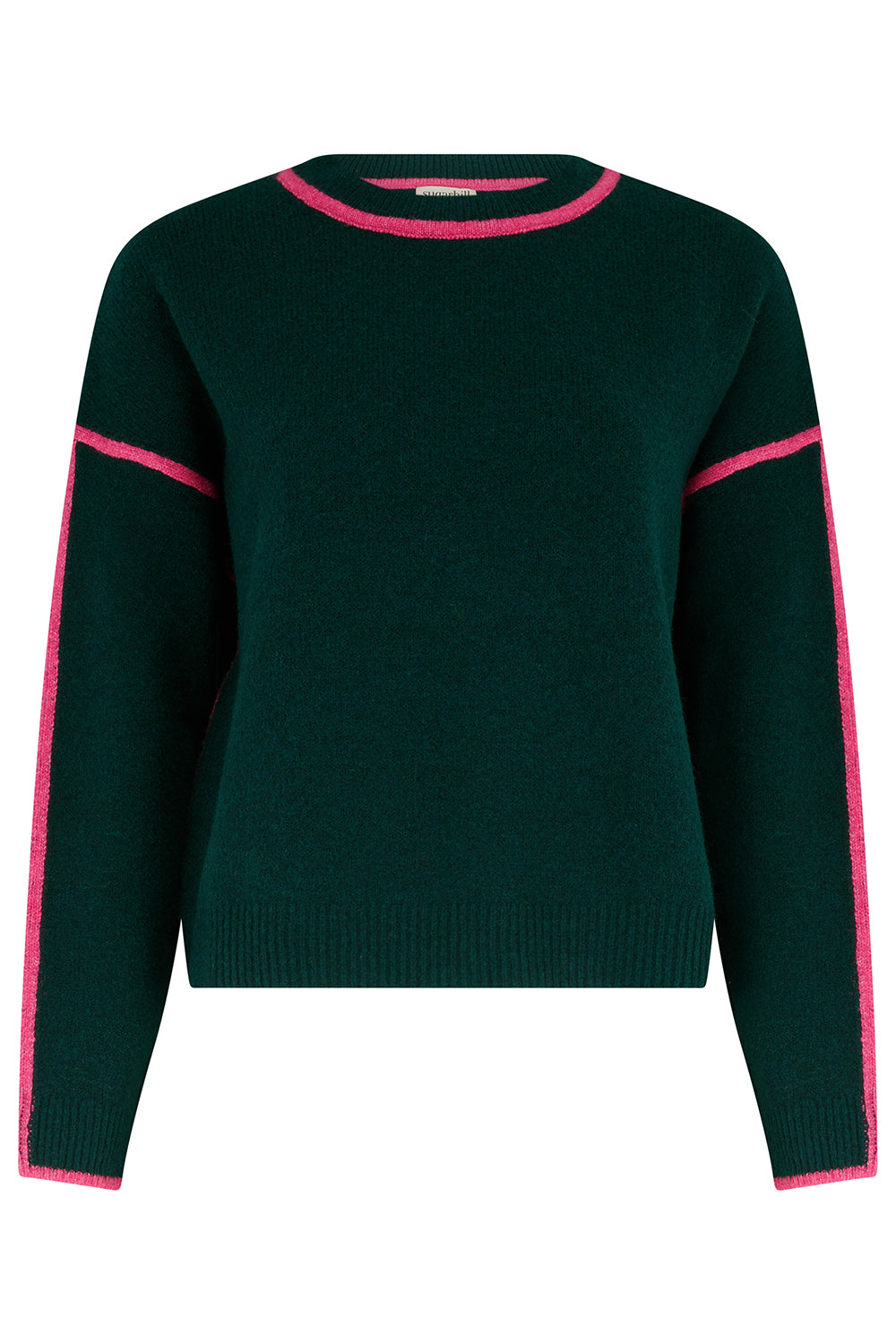 Green sweater with pink trim on a white background