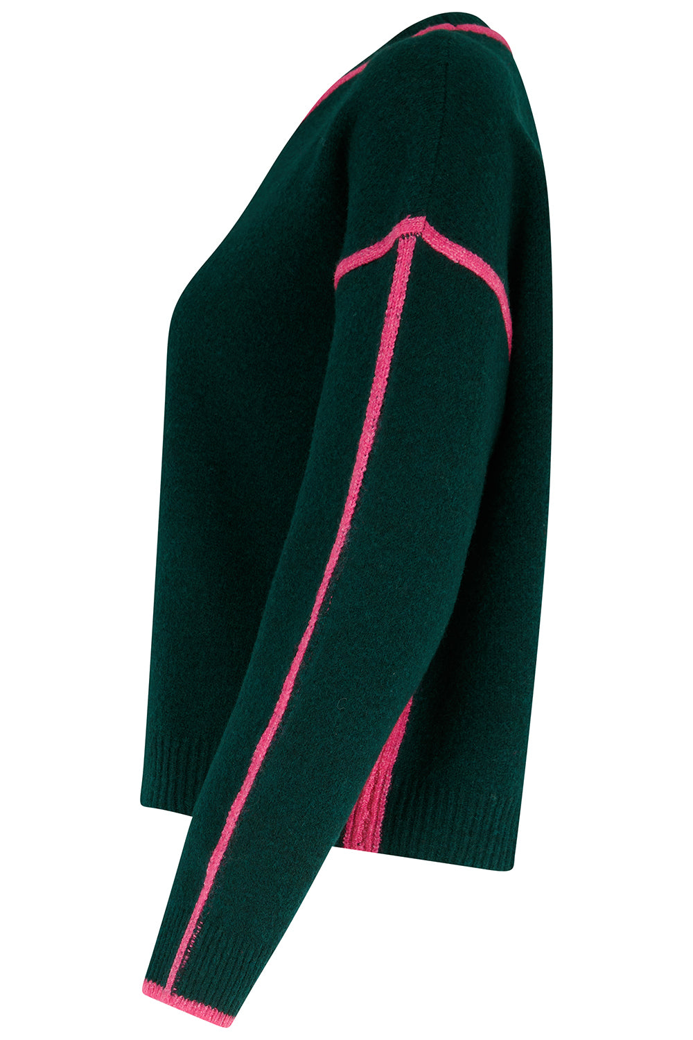 Green sweater with pink accents on a white background