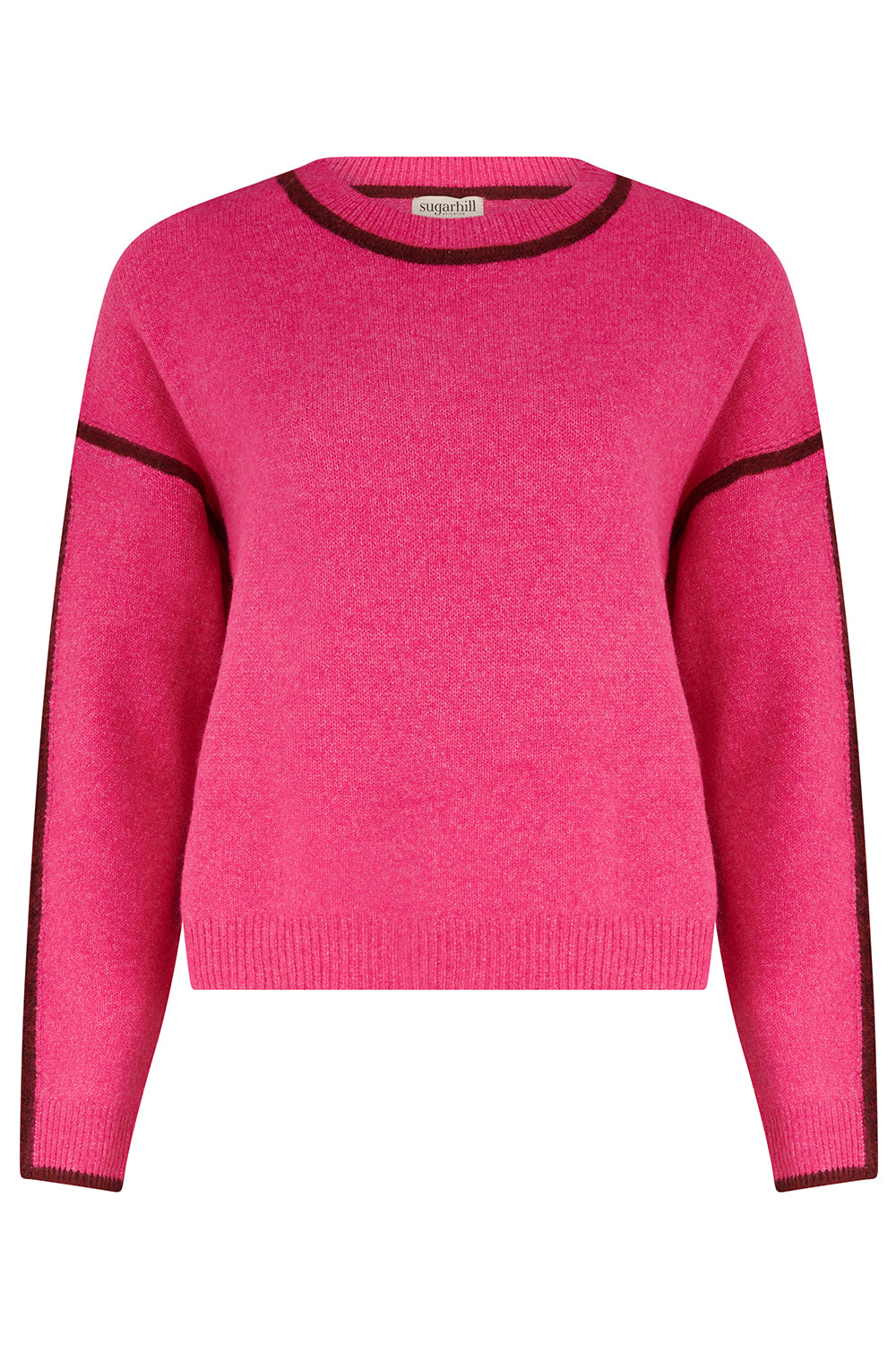Pink sweater with black trim on a white background