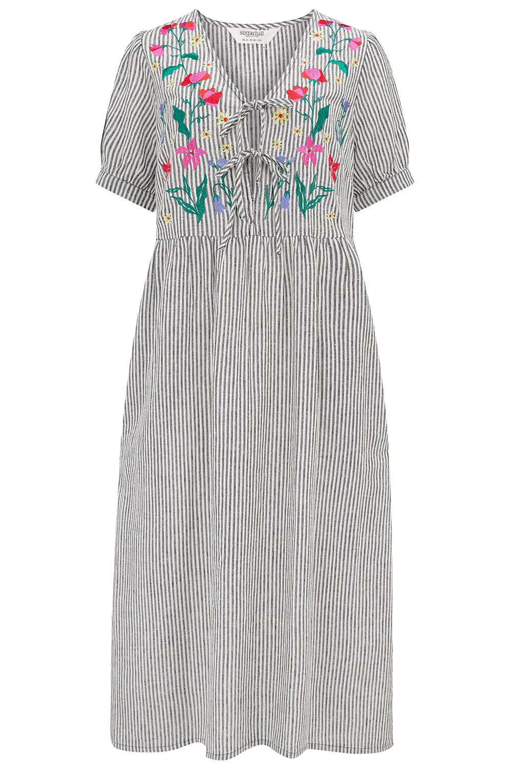 Striped dress with floral embroidery on a white background