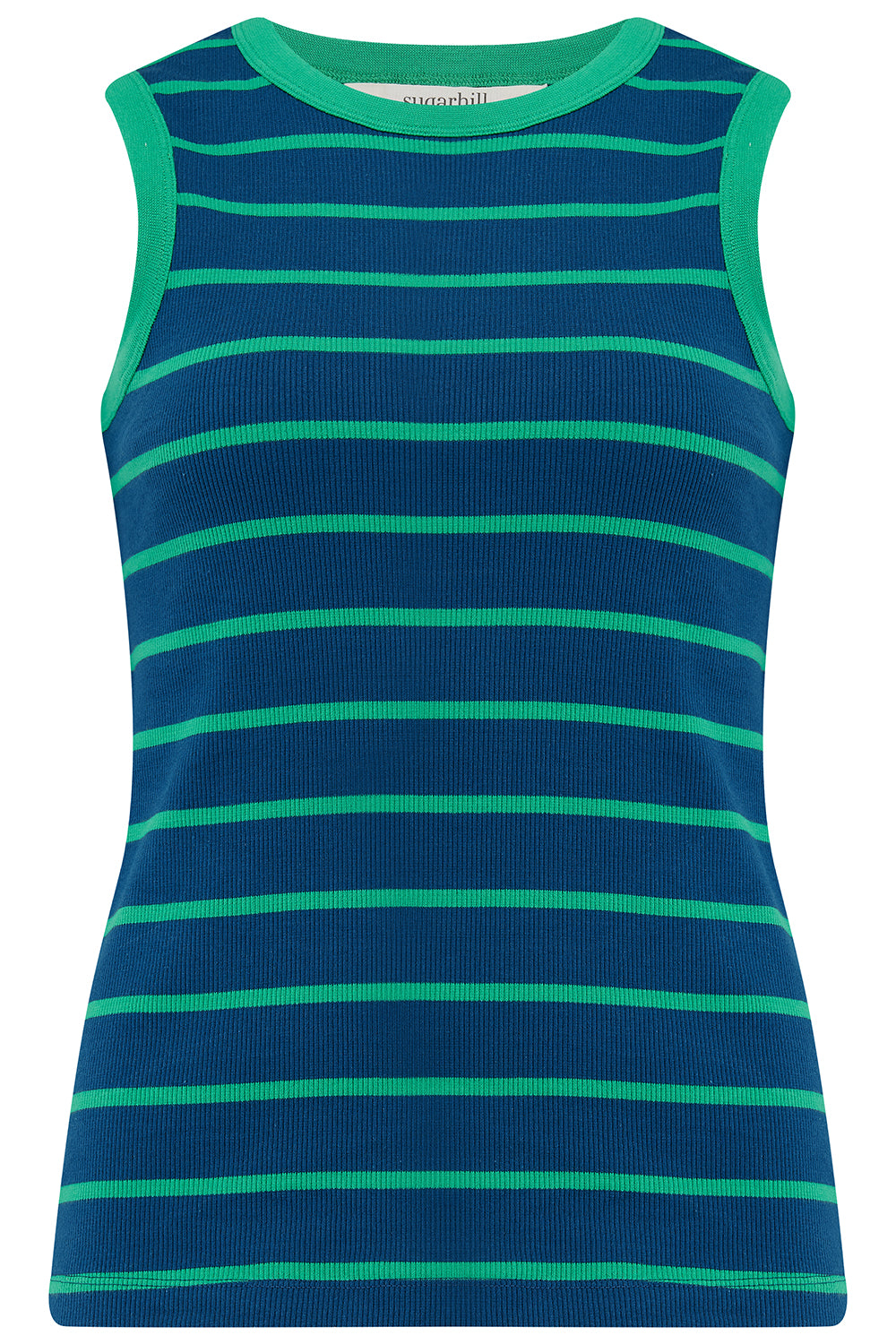 A blue and green striped fitted vest top with a round neckline.