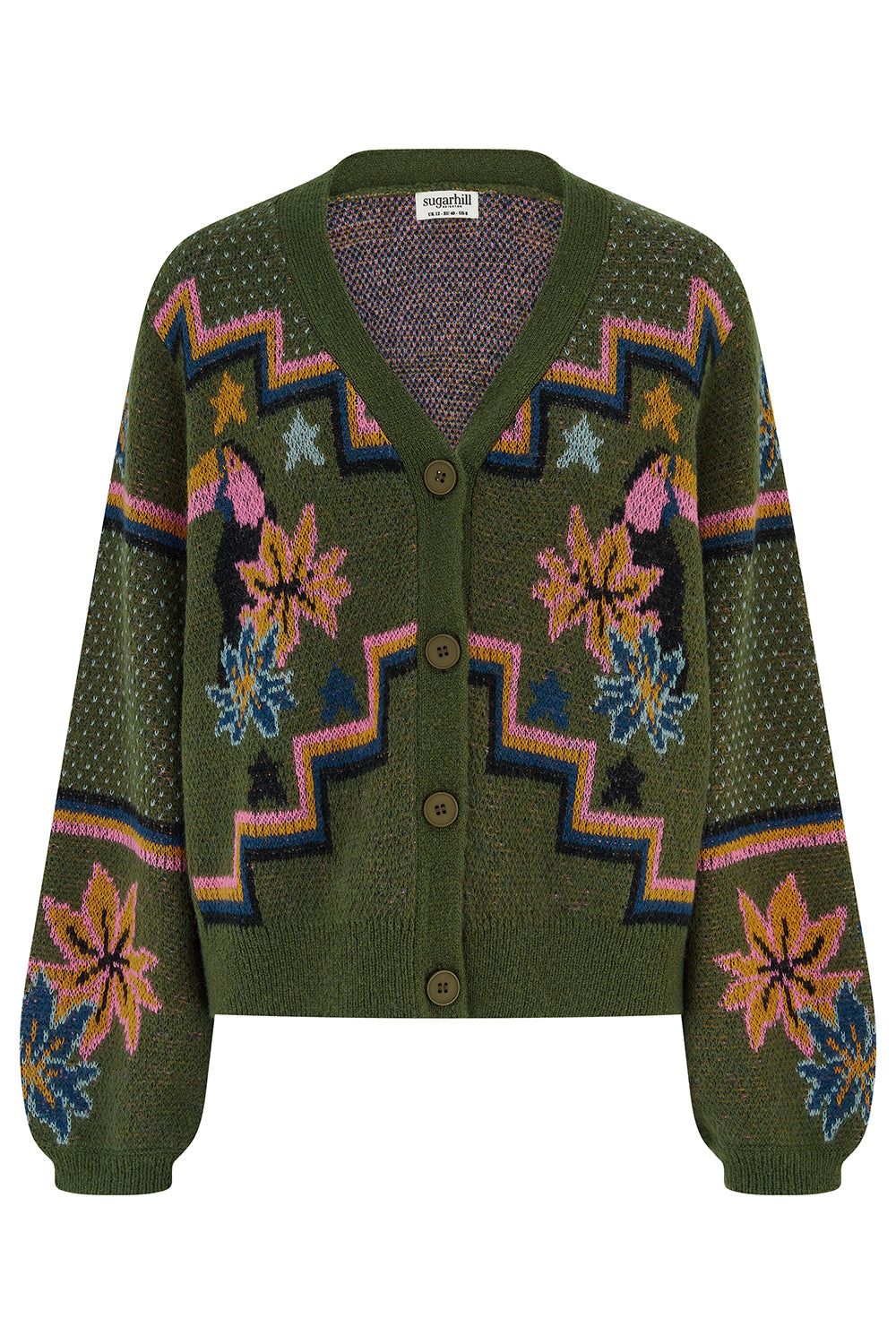 Green cardigan with colorful pattern on a white background