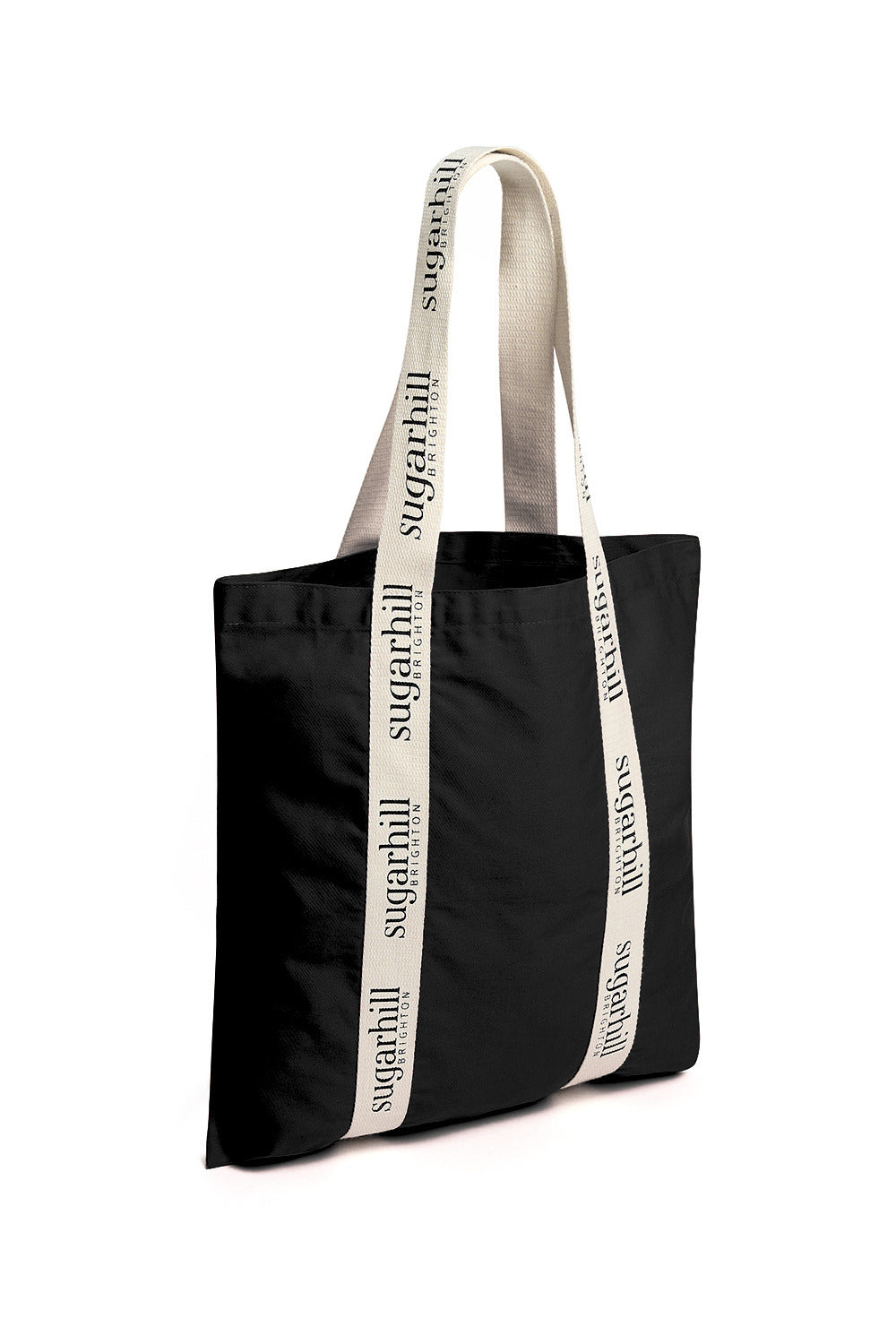 Black tote bag with white handles featuring 'sugarhill' branding on a white background