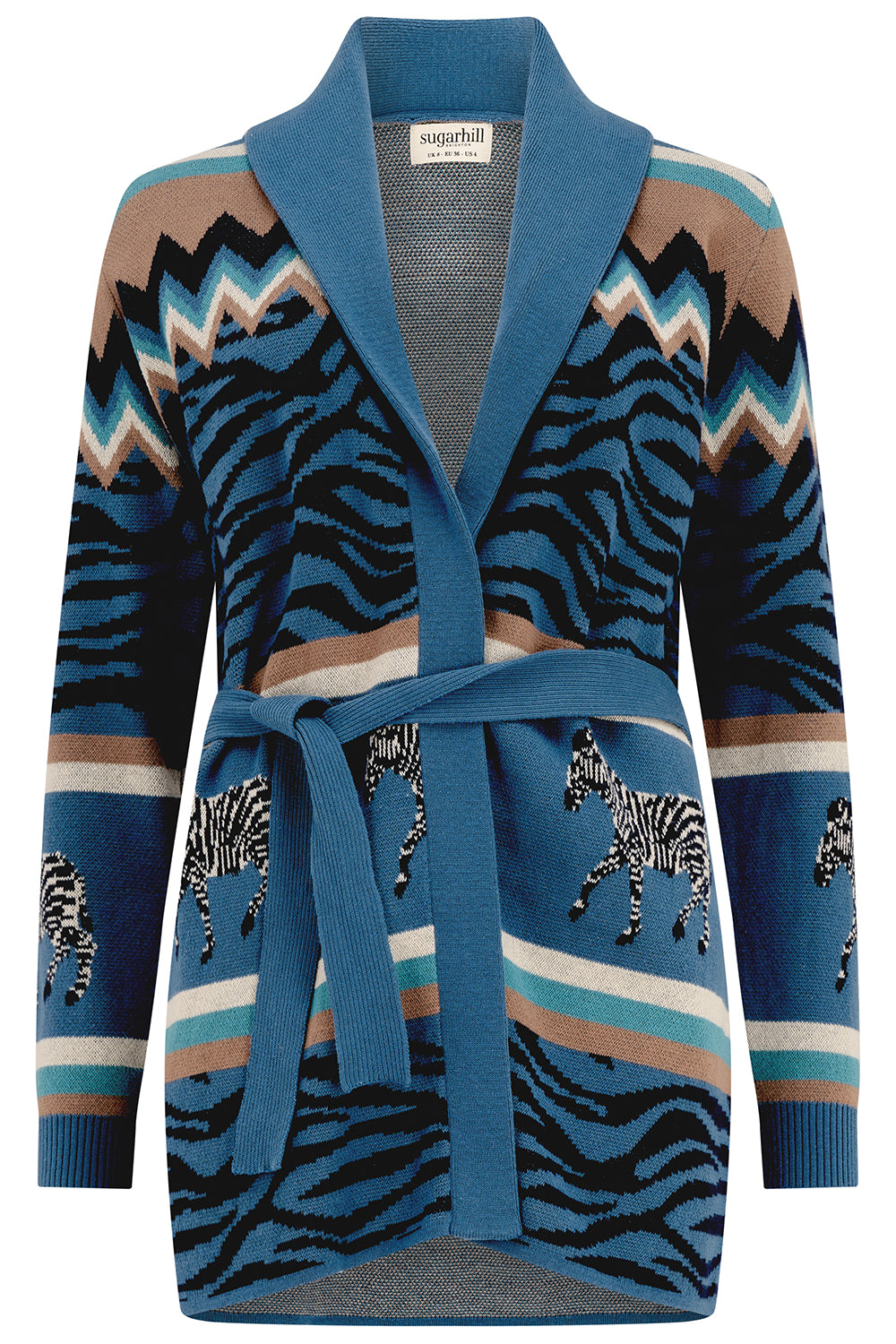 Blue patterned cardigan with zebra design on a white background