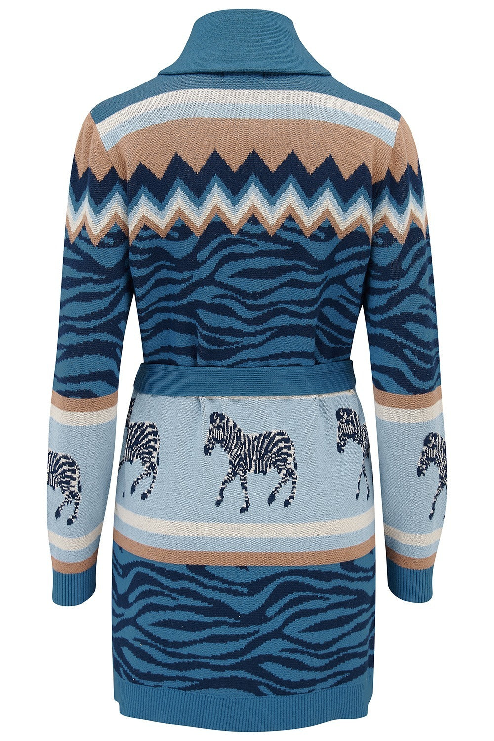 Blue sweater with zebra pattern and animal illustrations on a white background
